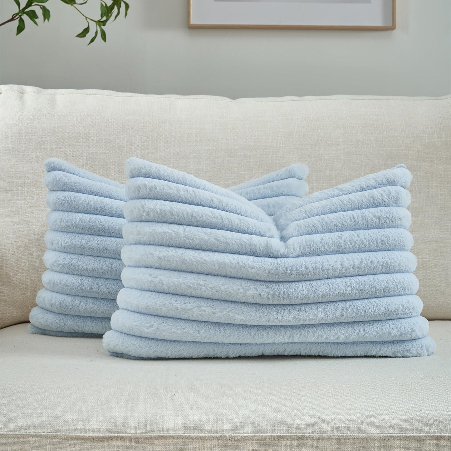 FUTEI Pack of 2 Faux Fur Throw Pillow Covers 18x18 Inch, Cream White | Fluffy Faux Rabbit Fur Front/Premium Velvet Back,Hidden Zipper,Machine Washable,Non-Shedding,Colorfast,Insert Not Included.