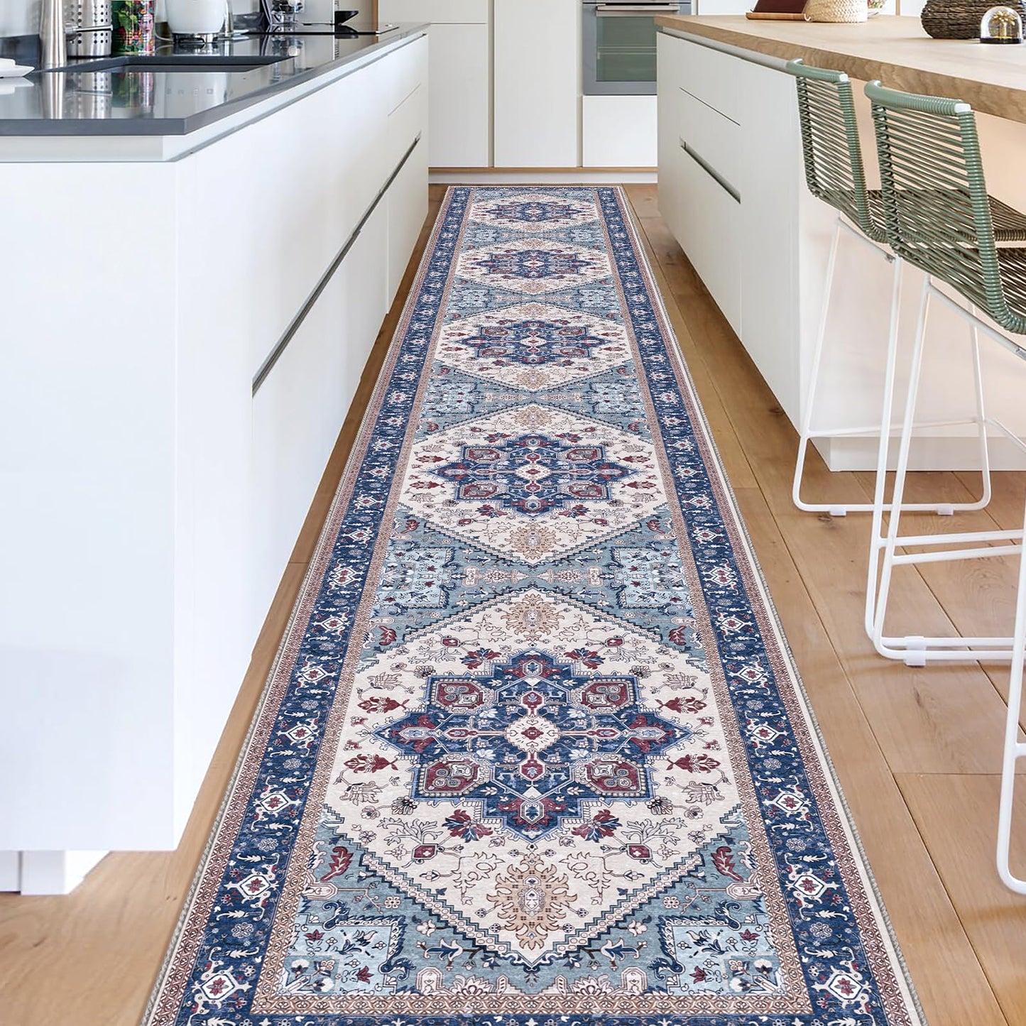 OPPODREAM Soft Area Rugs 5x7, Persian-Inspired Washable Rug, Blue & Gold | Low-Pile Faux Cashmere Surface, TPR Non-Slip Backing, 5 x 7 Carpet for Bedroom, Office, Dorm, Dining Room