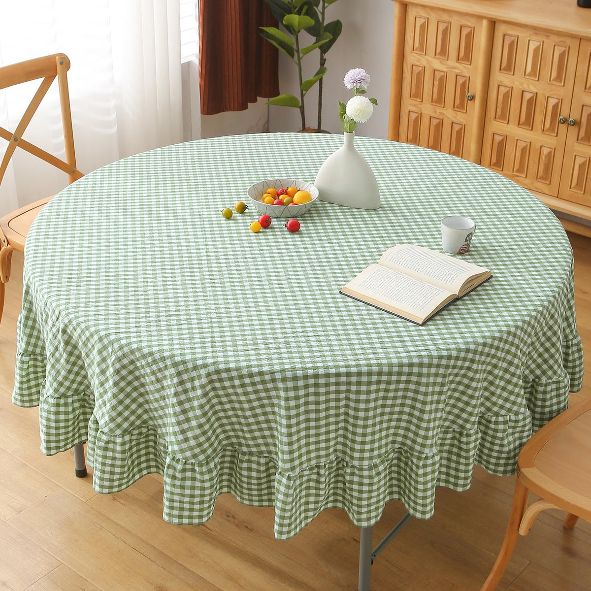 Blush White Gingham Ruffled Table Cloth Rectangular 120“x60” | 100% Washed Cotton, for Seat 8-10, Buffet Picnic Baby Shower Party Tablecloth, Decorative Checker Plaid Farmhouse Table Cover
