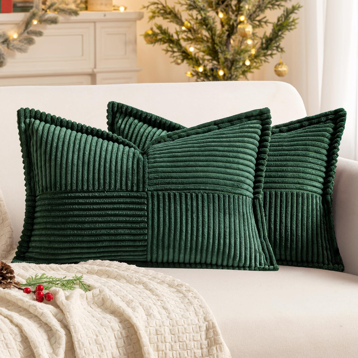 MIULEE Decorative Throw Pillow Covers for Couch 18x18 Inch Beige 2 Pack | Boho Broadside Striped Patchwork Pillow Covers, Soft Corduroy Cushion Cases, For Sofa Bed Livingroom Home Decor