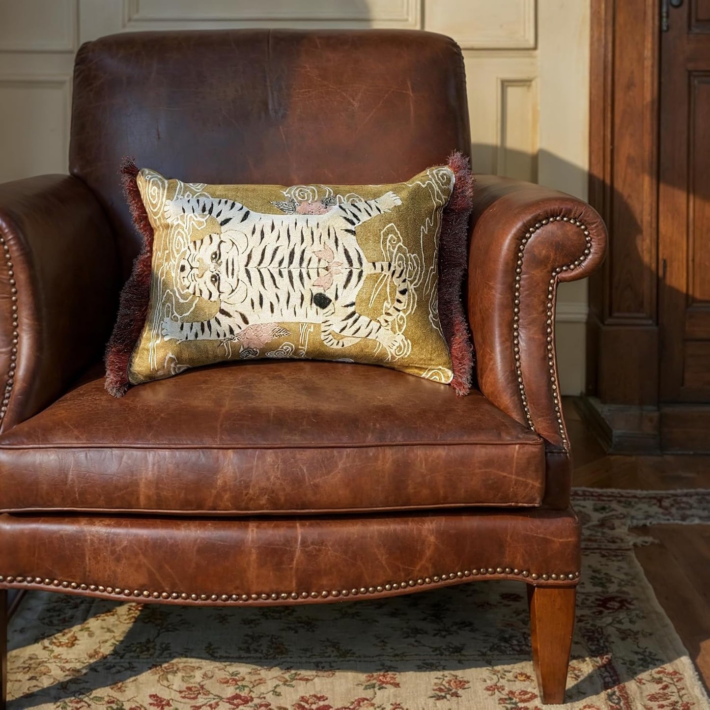 Creative Co-Op Tibetan Tiger Print Fringe Cotton Velvet Lumbar Pillow, Multicolor Finish