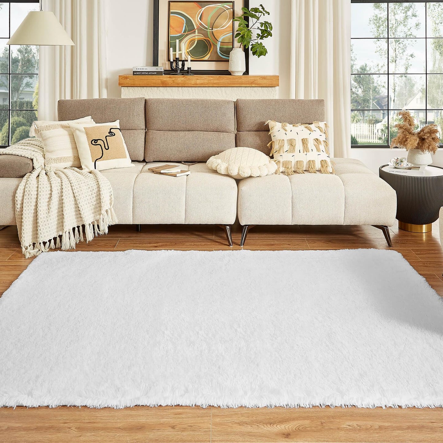 Floralux Rugs for Living Room, 6x9 Large Shag Area Rug, Tie-Dyed Light Grey Soft Fluffy Carpets for Bedroom