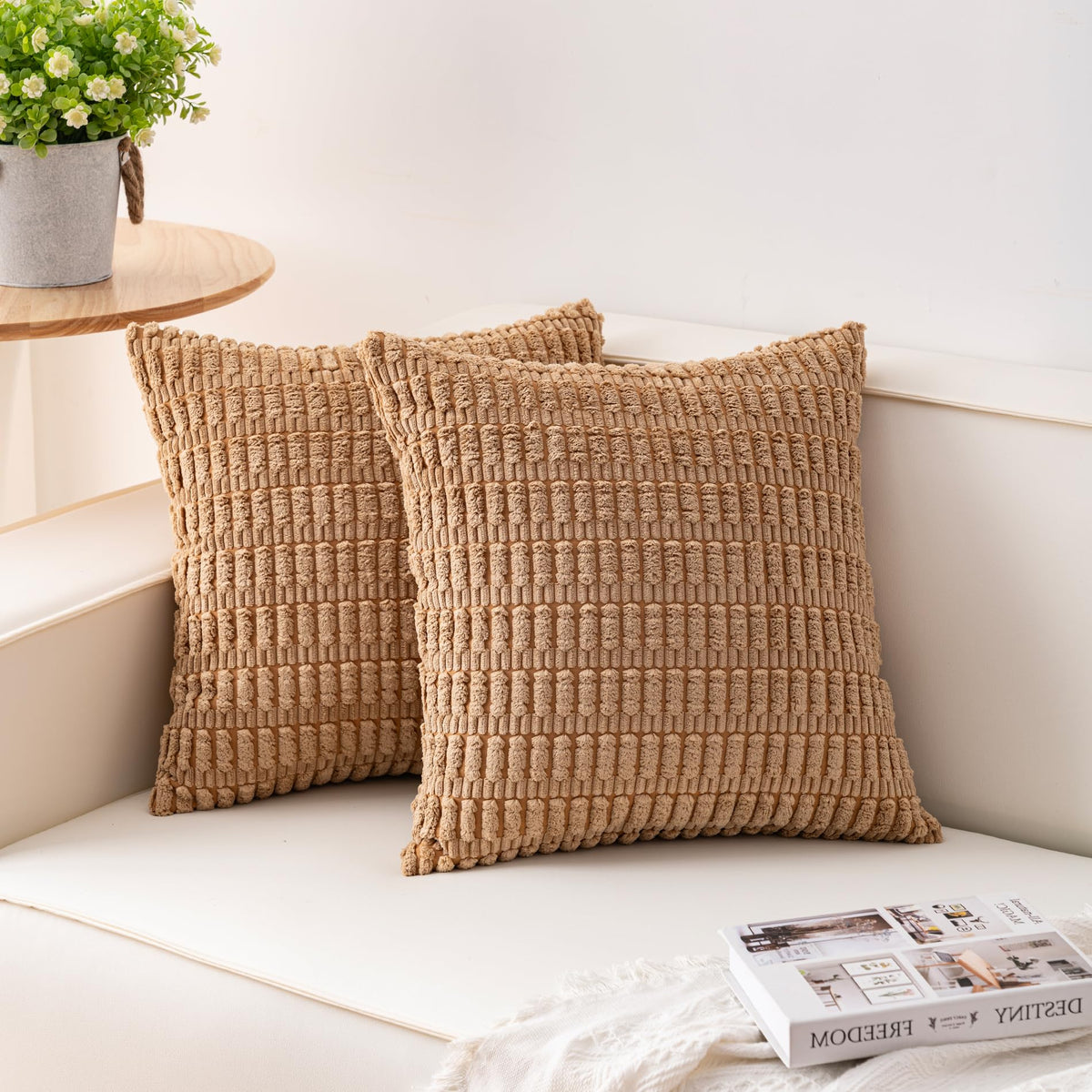 Pack of 2 Corduroy Decorative Throw Pillow Covers 18x18 Inch, Cream White | Fall Soft Striped Pillow Covers Modern Farmhouse Home Decor Christmas Throw Pillow Covers for Sofa Living Room Couch Bed ﻿