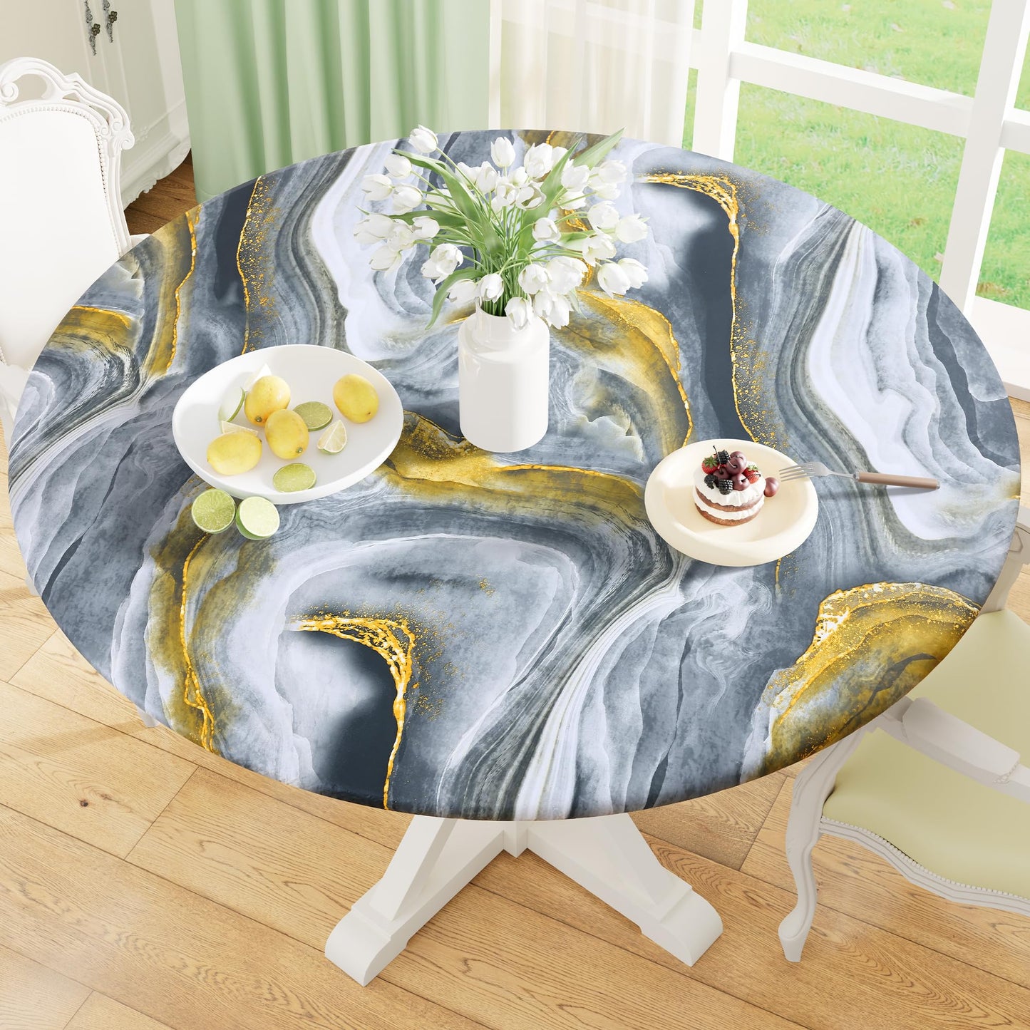 Round Fitted Tablecloth with Elastic Edge, 100% Waterproof Oil Proof Plastic Table Cover, Vinyl Flannel Backed Tablecloth Fits 36"-44" Round Tables for Dinner, Outdoor, Picnic, Oak Wooden Grain