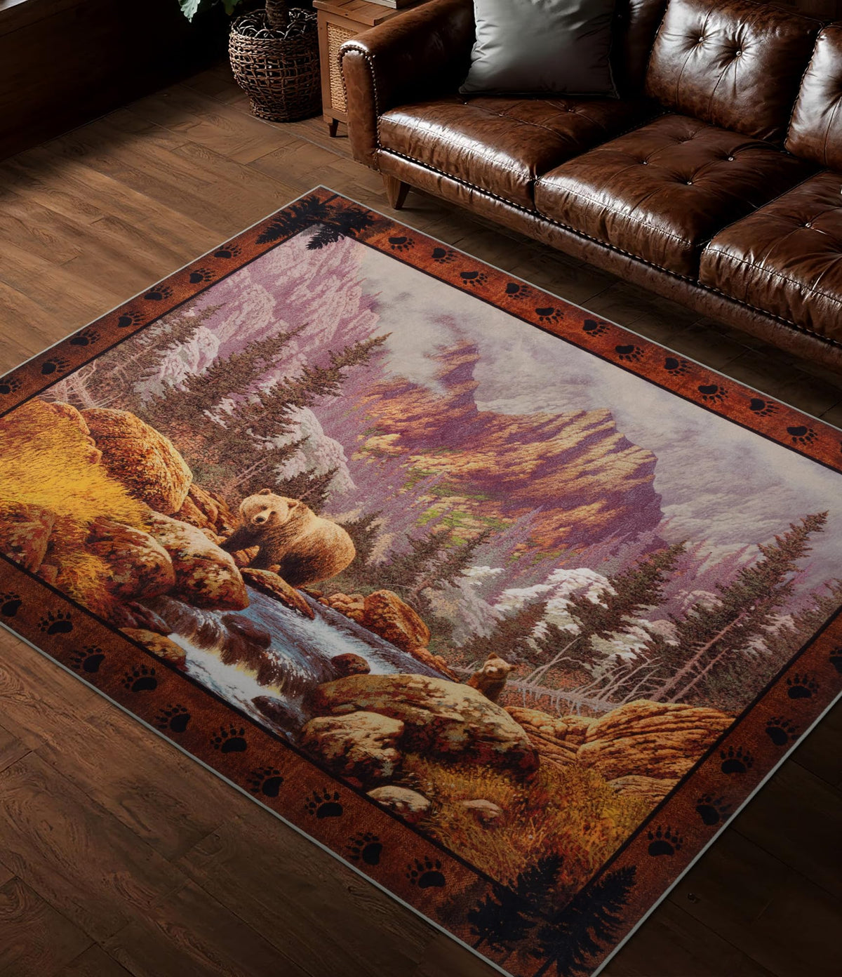 Rustic Cabin Area Rug 5x7,Machine Washable Lodge Bear Rug,Non-Slip Low Pile Print Pattern Southwestern Rug for Living Room Bedroom