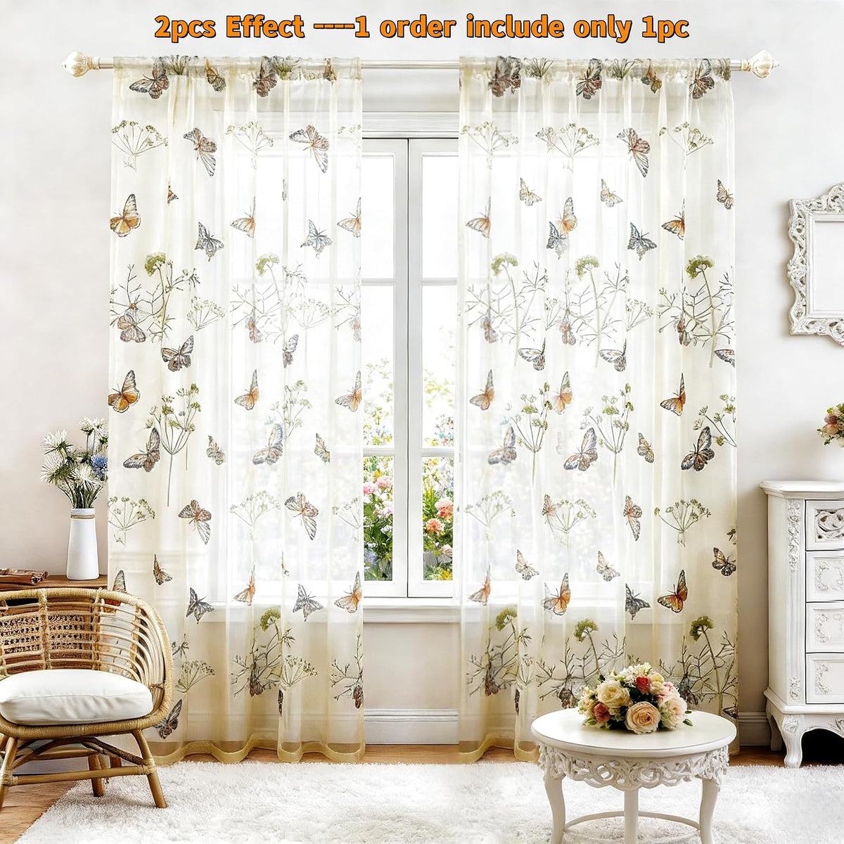 AiFish Embroidered Butterfly Window Semi Sheer Curtains for Kids Room Country Style Dandelion Pattern Room Divider Rod Pocket Tulle Gauze Voile Panel Drapes for Living Room 1 Panel W39 x L84 inch