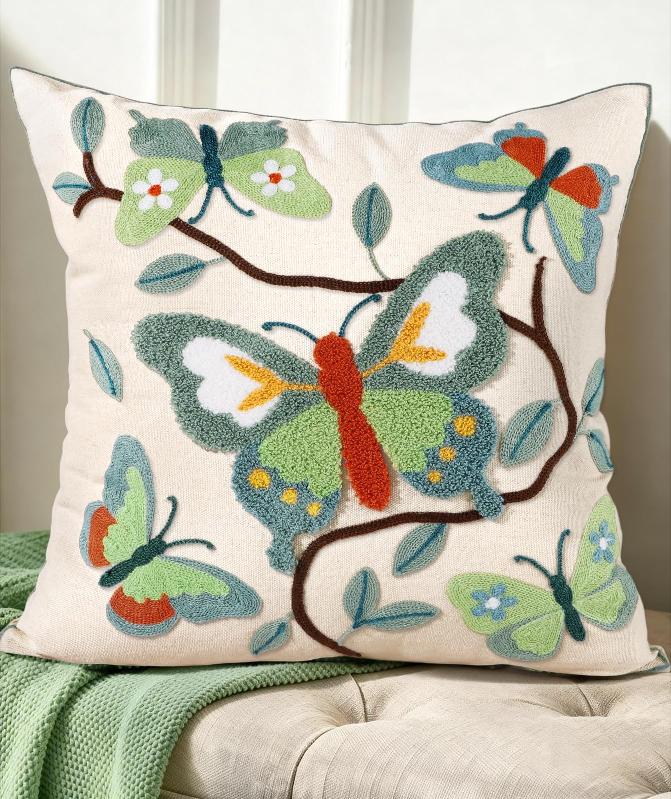 Embroidered Throw Pillow Cover 18x18 Inch, Flower Cluster | Decorative Pillow Cover, Floral Farmhouse Cushion Case with Hidden Zipper, Home Decor for Couch, Sofa, Living Room, Bedroom