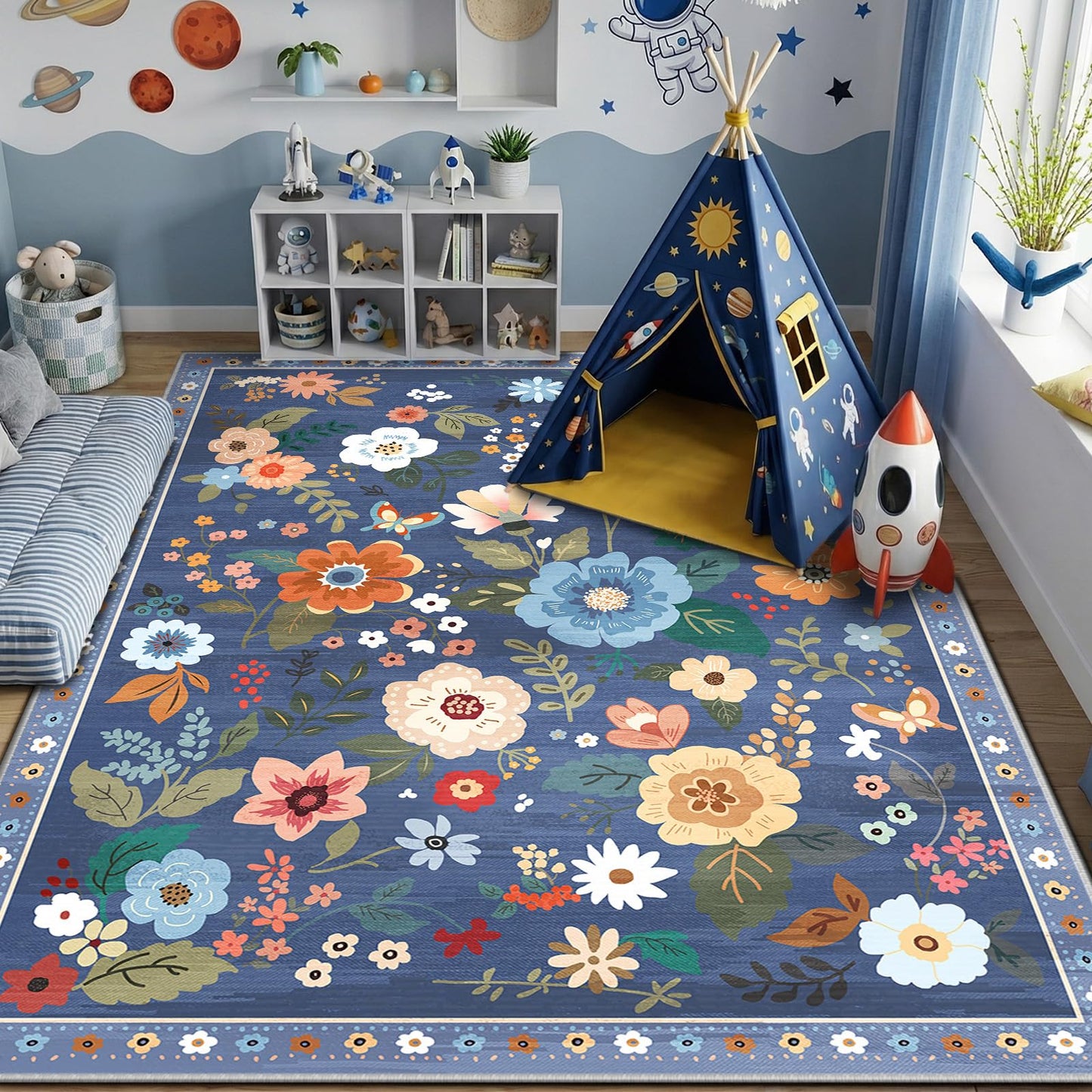 RELEANY Floral Washable 5x7 Area Rugs Beige/White/Orange | Flower Carpet, Print, Boho, Non-Slip, Easy to Clean, Soft, Low Pile for Living Room Bedroom Kitchen Office Entryway Hallway