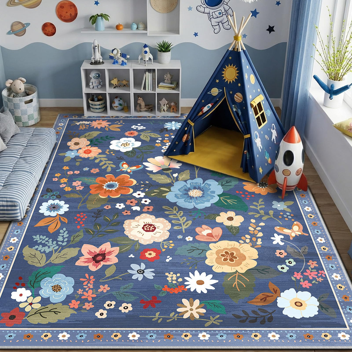 RELEANY Floral Washable 5x7 Area Rugs Black | Flower Carpet, Print, Boho, Non-Slip, Easy to Clean, Soft, Low Pile for Living Room Bedroom Kitchen Office Entryway Hallway
