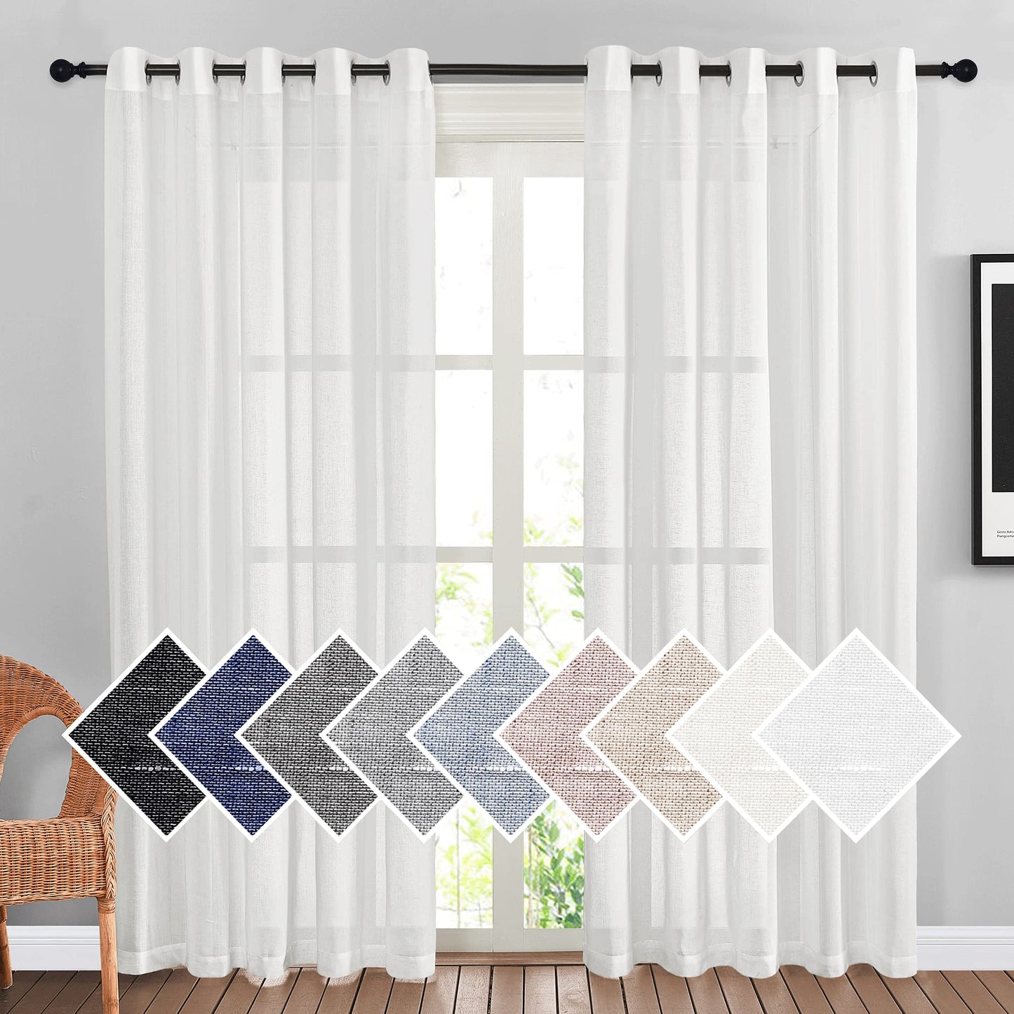NICETOWN White Sheer Linen Curtains for Living Room 84 inch Length 2 Panels Set, Grommet Semi Sheer Privacy with Light Filtering Flax Window Treatments for Bedroom, W52 x L84
