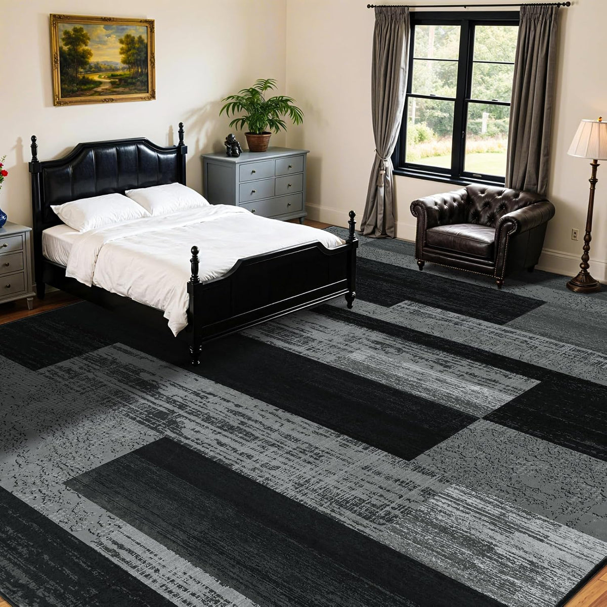 LIANLAM 8x10 Washable Area Rugs for Living Room & Bedroom(8x10,Black&Gray) | Non-Slip Large Carpet,Vintage Checkered Pattern, Stain Resistant Faux Wool Low Pile Soft Rug for Dining Room,Office,Nursery