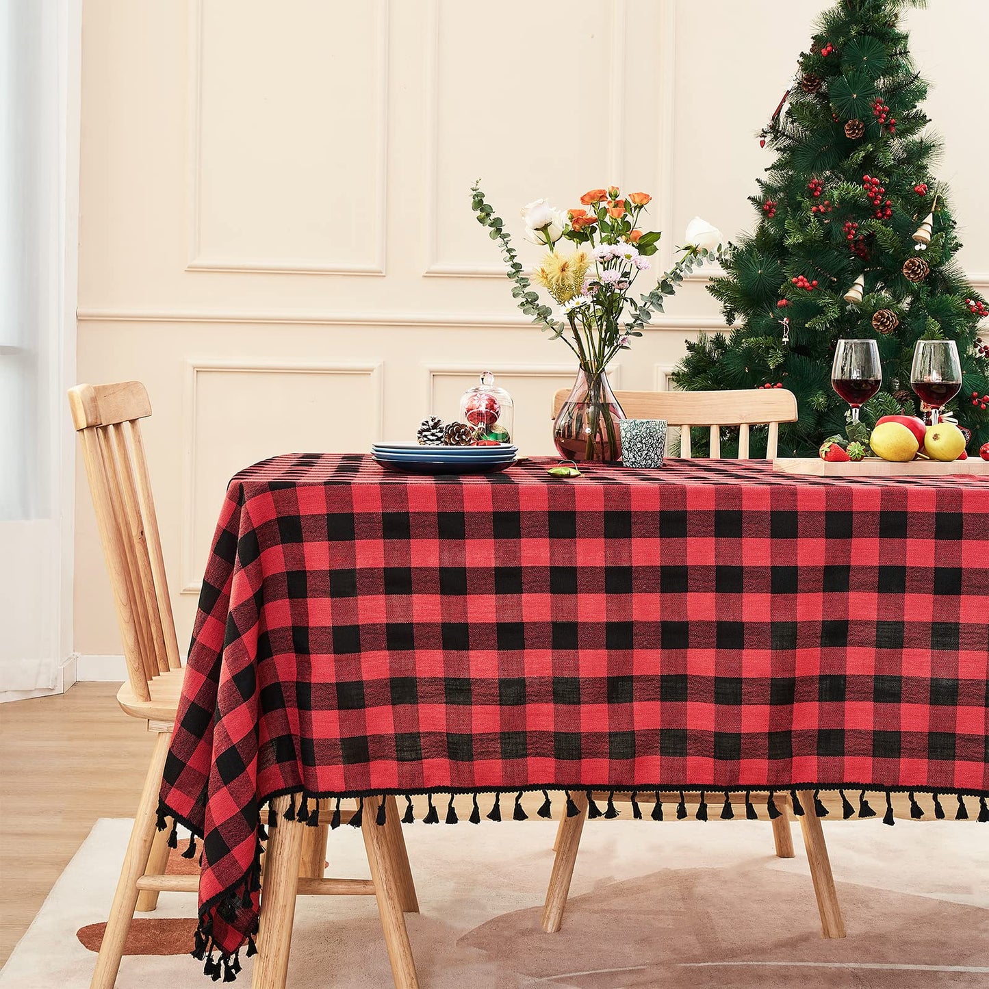 Midsummer Breeze Country Garden Green Gingham Tablecloth Rectangle 55”x84” | tassel, spring, easter, summer, picnic, outdoor, checkered, fresh, camping, Christmas, washable, wrinkle free, reusable