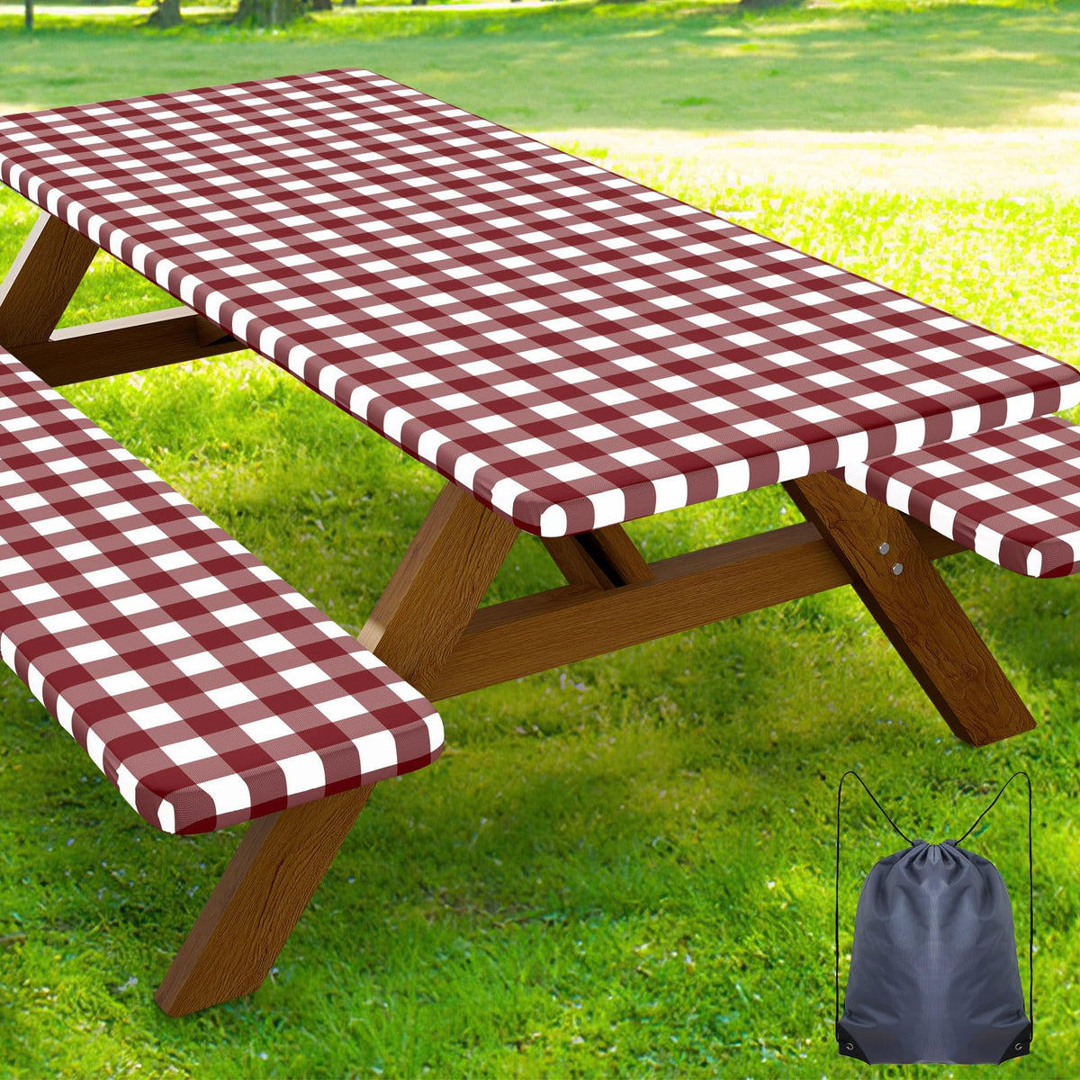 Smiry 6FT Picnic Table Cover with Bench Covers, Elastic Fitted Tablecloth | Waterproof Washable Rectangle Tablecloths ,Buffalo Plaid Tablecloth for Dining, Camping, Outdoor (Black & White, 30" x 72")
