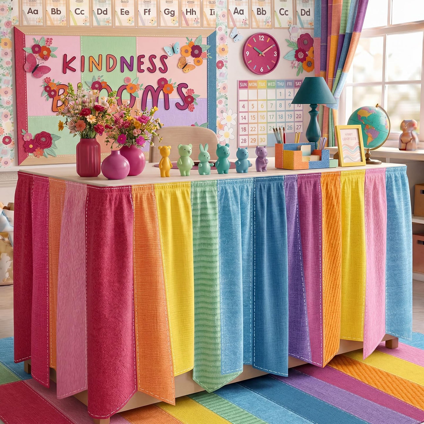Teacher Desk Skirt 6 ft Pastel Checkered Classroom Decor | Ruffled Table Cover for Teacher Desk, Fits Kindergarten Office Decor, Back to School Classroom Supplies