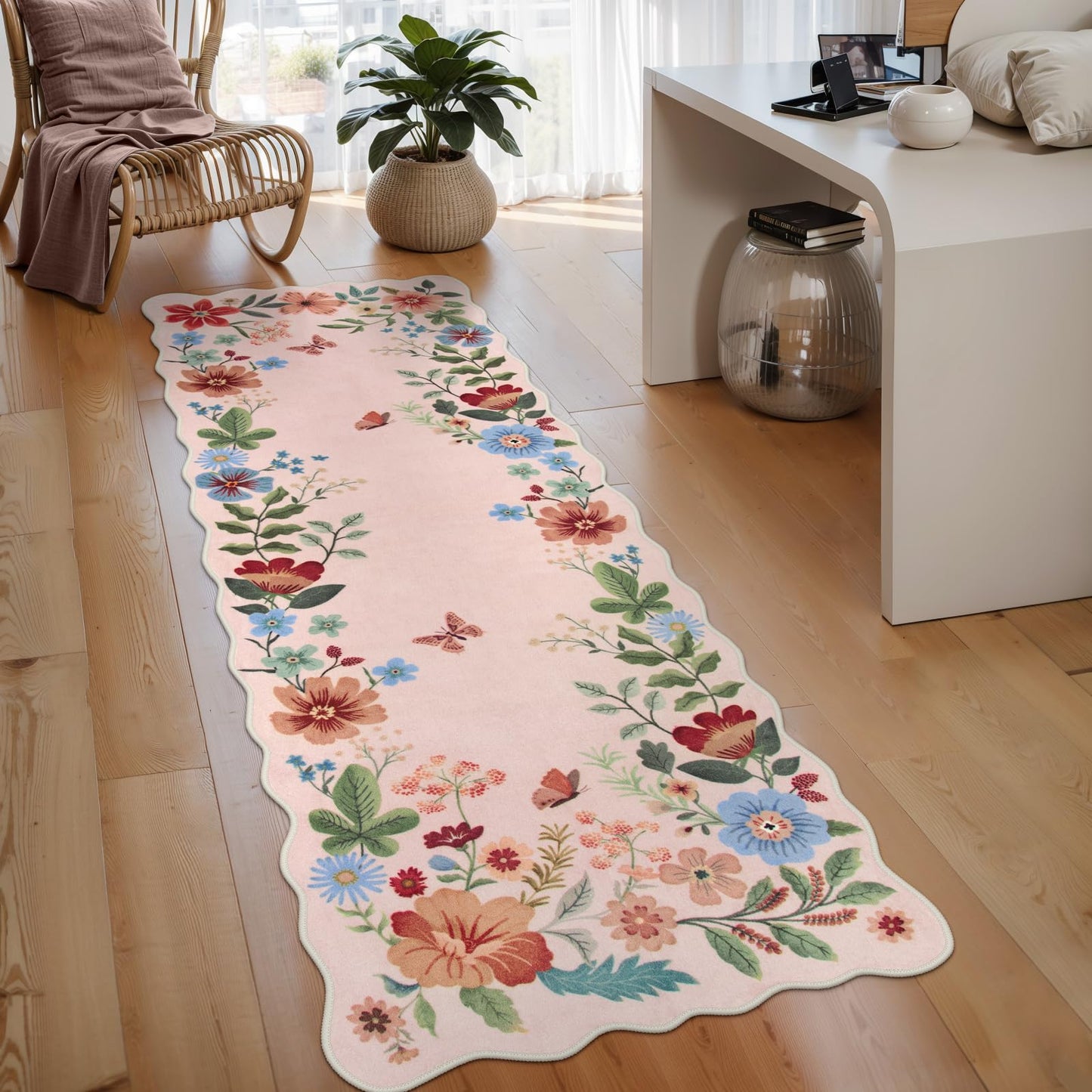 Lahome Floral Washable Living Room Rug, 5x7 Area Rugs for Bedroom Soft | Dining Room Rug Ultra-Thin Non Slip Stain Resistant Boho Low-Pile Throw Carpet for Office Flore (5x7ft, Beige)