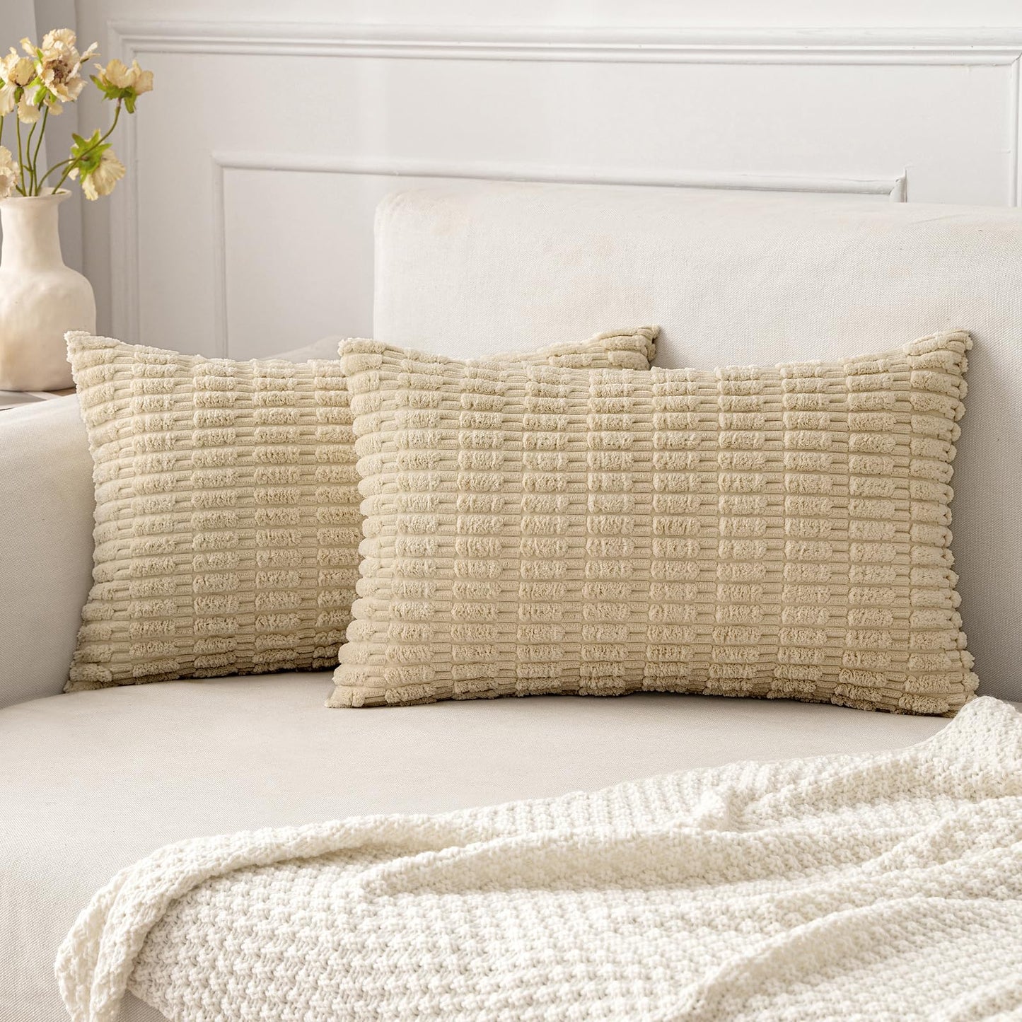 MIULEE Corduroy Decorative Throw Pillow Covers 18x18 Cream White Pack of 2 | Soft Boho Striped Pillow Covers Modern Farmhouse Home Decor For Sofa Living Room Couch Bed