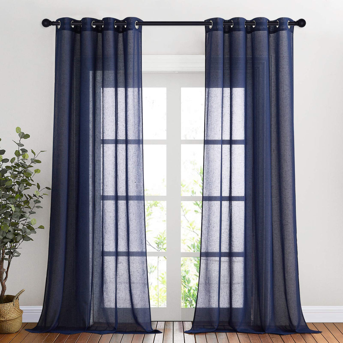 NICETOWN White Sheer Linen Curtains for Living Room 84 inch Length 2 Panels Set, Grommet Semi Sheer Privacy with Light Filtering Flax Window Treatments for Bedroom, W52 x L84
