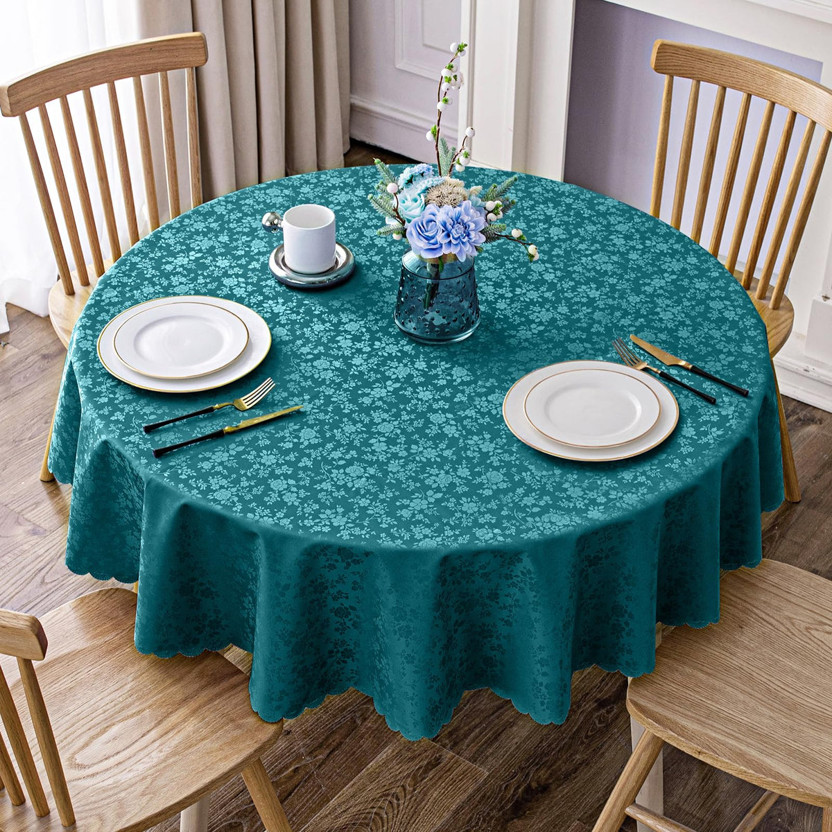Smiry Rectangle Waterproof Heavy Duty Vinyl Tablecloths, 60 x 84 Inch | Wipeable Washable Floral Embossed Table Cover for Kitchen and Dining Room, Indoor & Outdoor Use, Beige