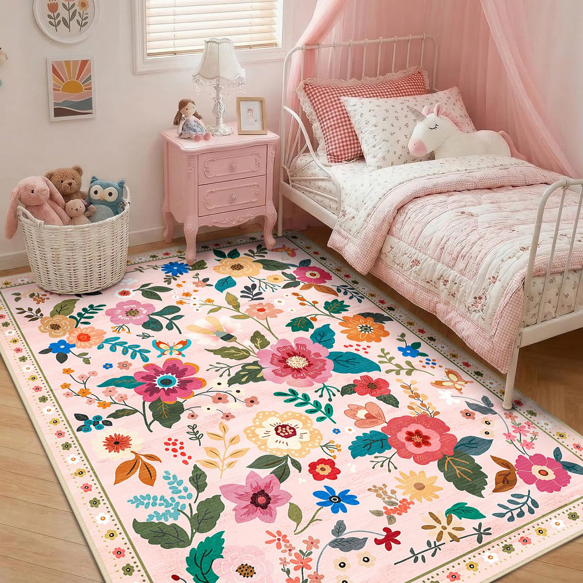 RELEANY Floral Washable 5x7 Area Rugs Beige/White/Orange | Flower Carpet, Print, Boho, Non-Slip, Easy to Clean, Soft, Low Pile for Living Room Bedroom Kitchen Office Entryway Hallway