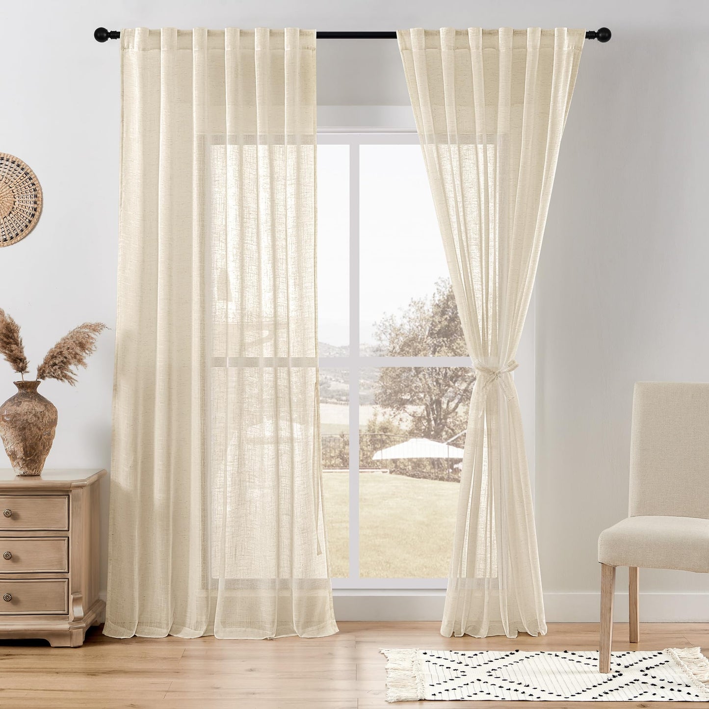 DWCN White Faux Linen Sheer Curtains, 2 Panels, 52x84 Inch | Faux Linen Textured Curtains with Rod Pocket & Back Tab, Semi Voile Light Airy Gauzy Privacy Drapes for Living Room Bedroom