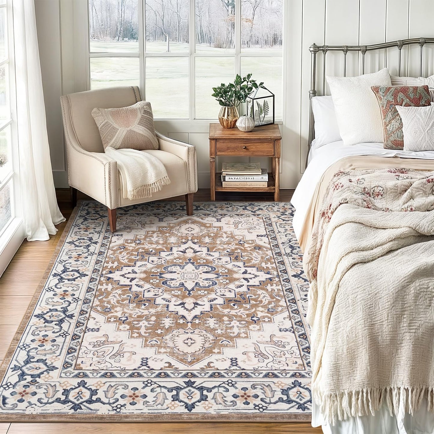 Lofus 5x7 Area Rugs for Living Room Bedroom, Soft Boho Carpet Floral Brown | High-Power Vacuuming, Non-Slip, Low Pile, Stain & Water Repellent, Soft, Skin-Friendly, for Kitchen Entryway Office