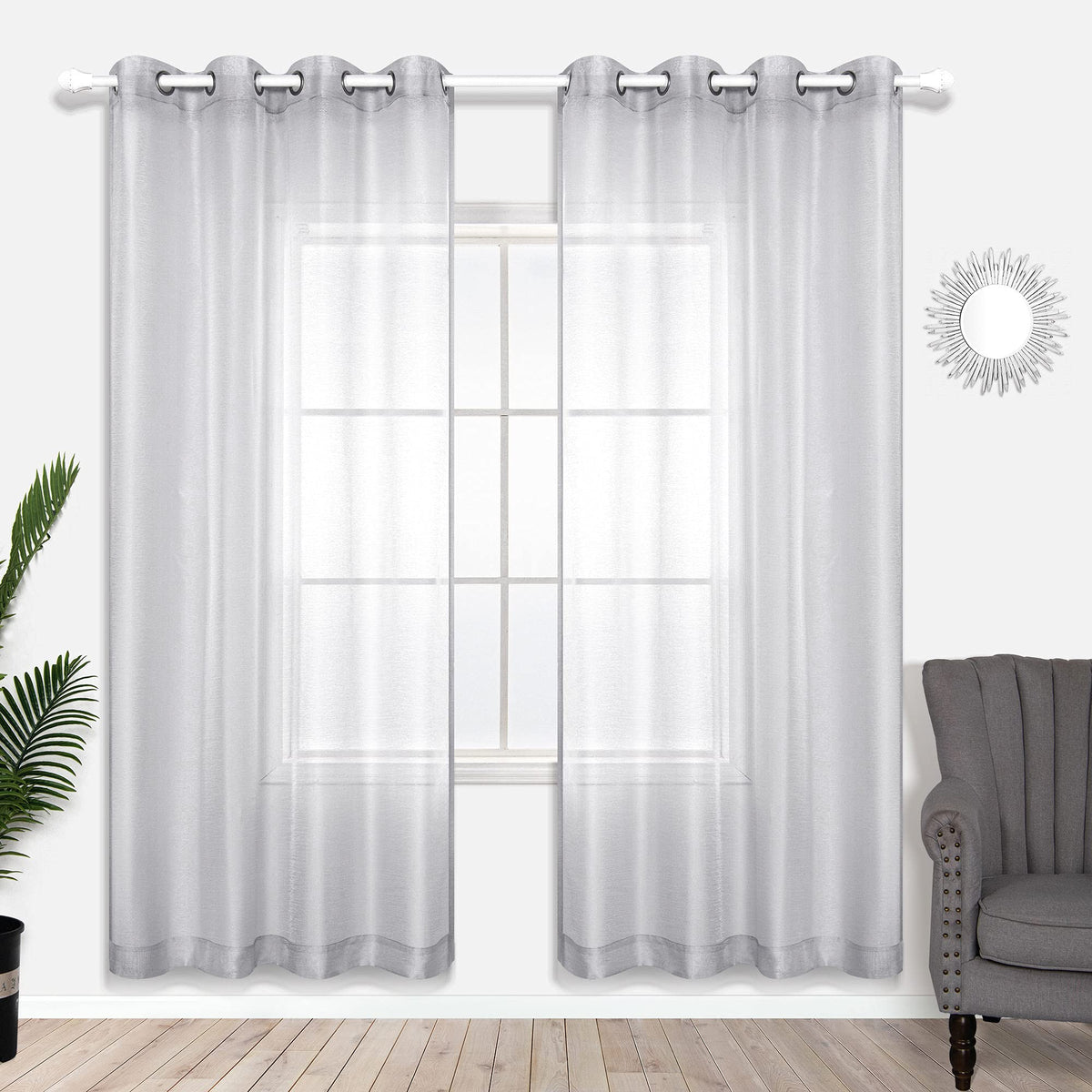 White Sheer Curtains 84 Inches Long Set 2 Panels Grommet Pair Faux Linen Semi Transparent Drape Tulle Gauze Voile Window Sheer Curtains for Bedroom Living Room Dining Wide 52 Length Solid Pack