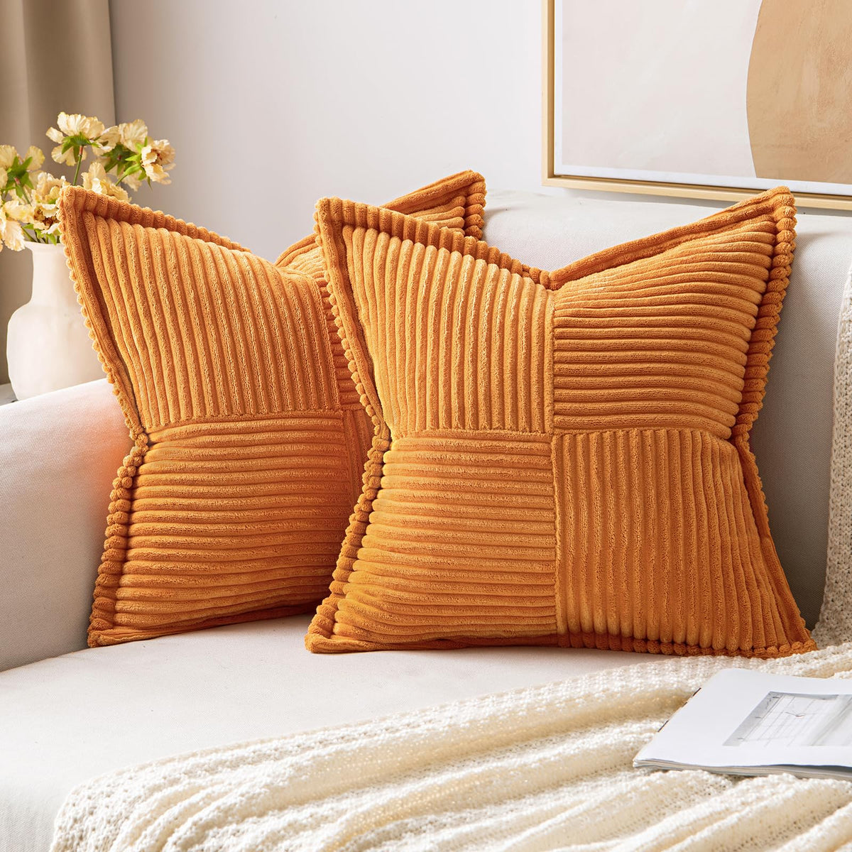 MIULEE Decorative Throw Pillow Covers for Couch 18x18 Inch Beige 2 Pack | Boho Broadside Striped Patchwork Pillow Covers, Soft Corduroy Cushion Cases, For Sofa Bed Livingroom Home Decor