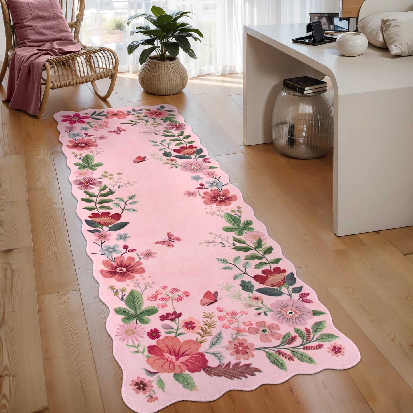 Lahome Floral Washable Living Room Rug, 5x7 Area Rugs for Bedroom Soft | Dining Room Rug Ultra-Thin Non Slip Stain Resistant Boho Low-Pile Throw Carpet for Office Flore (5x7ft, Beige)