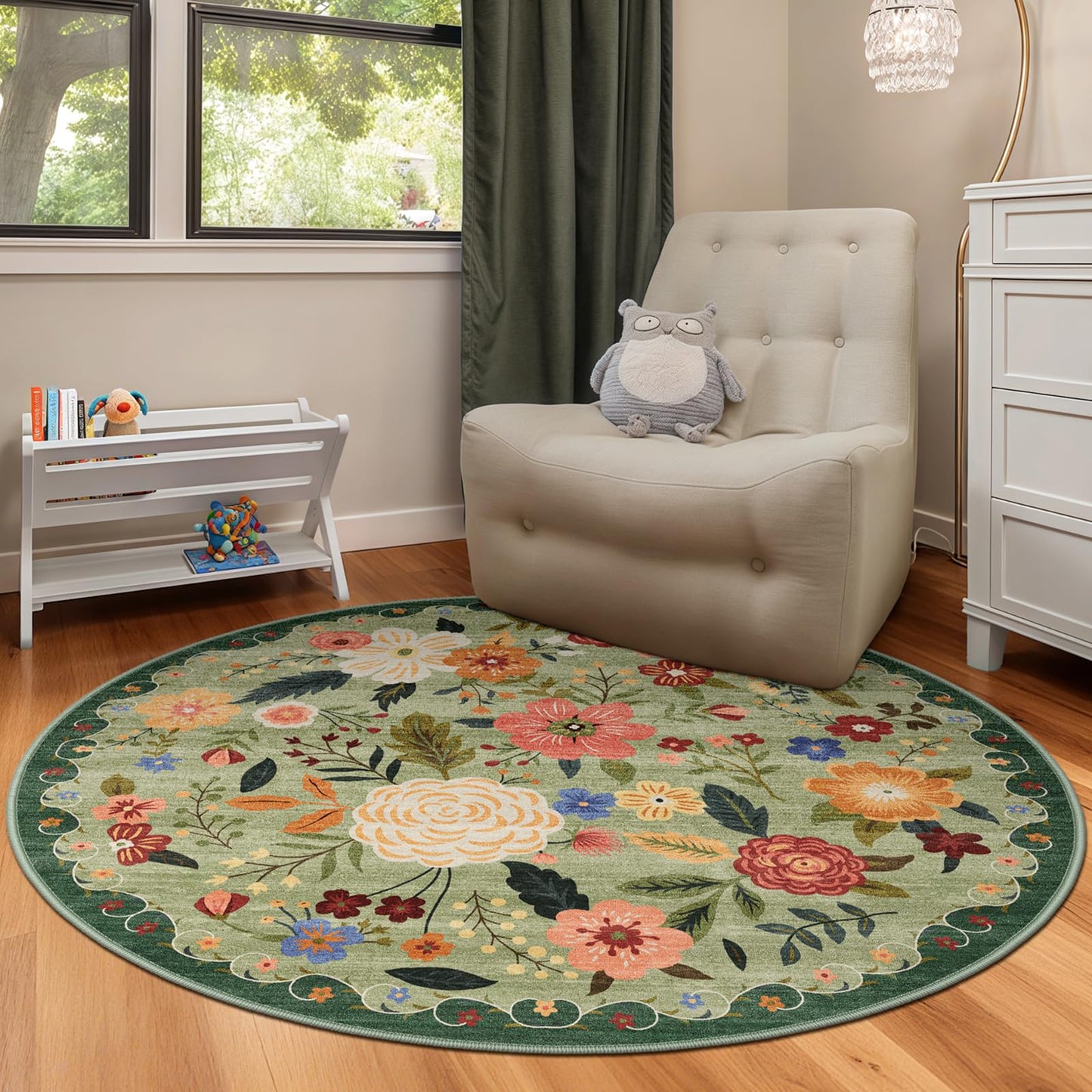 5x7 Washable Area Rug Green Boho Floral for Living Room Bedroom Nursery | Carpet for Dining Room, Soft Low-Pile Non-Slip Faux Wool, Farmhouse Indoor, Kid & Pet Friendly, Stain, Fade & Wear Resistant