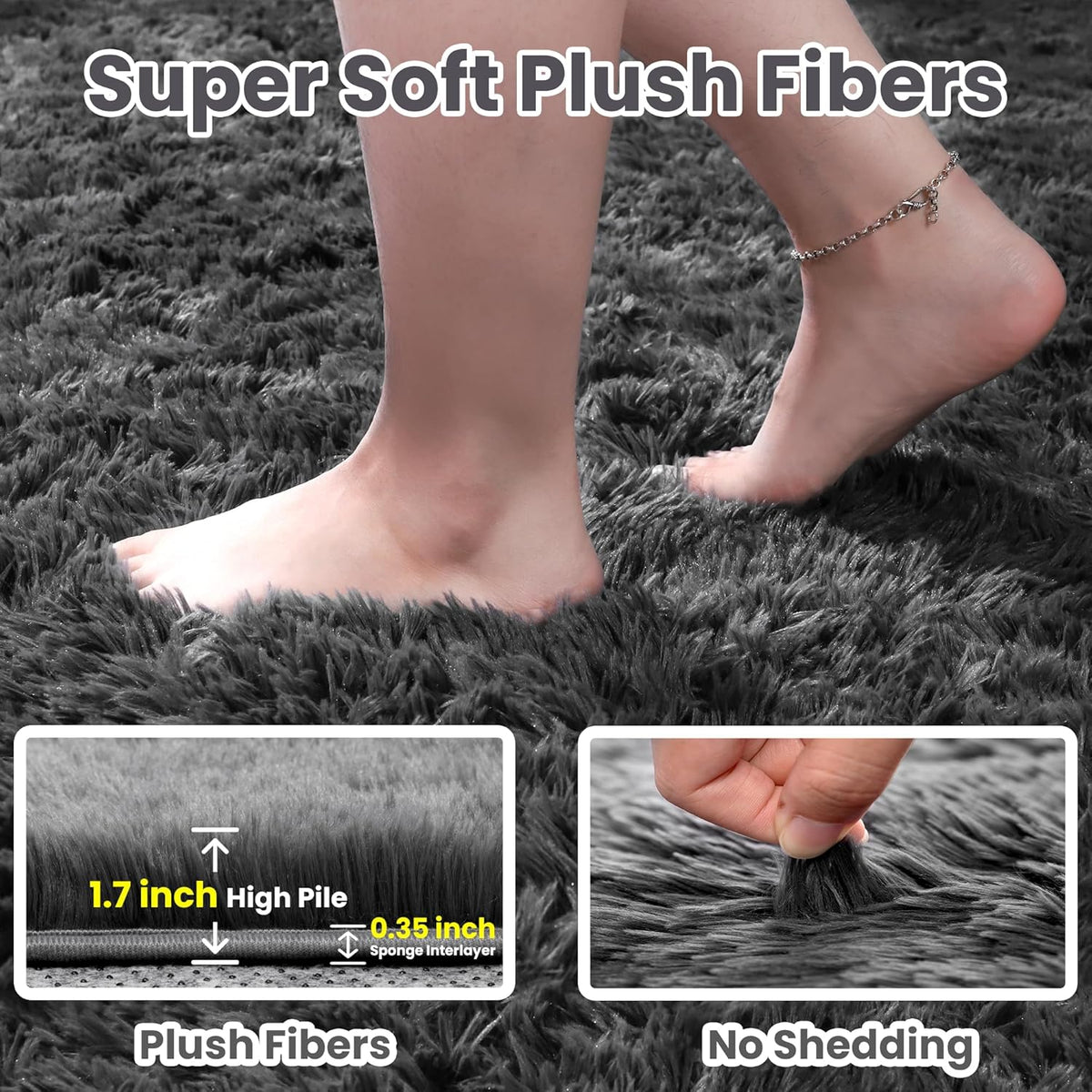 8x10 Fluffy Shag Area Rugs for Living Room Bedroom: Soft Plush Carpet Grey | Upgraded Non-Slip Thick Memory Foam, Ultra Soft, Non-Shedding Fuzzy Carpet, Easy Clean Decor for Kids Room, Nursery, Playroom