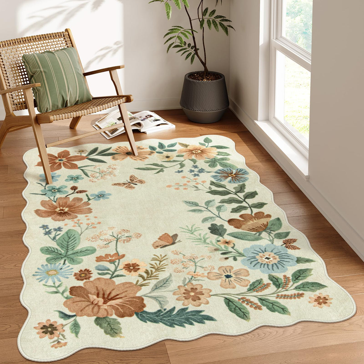 Lahome Floral Rugs for Living Room, 5x7 Area Rugs Ultra-Thin Soft Washable Rug, Non-Slip Bedroom Rug Stain Resistant Boho Flore Carpet for ‎Dining Room Office (5x7ft,Black/Grey)