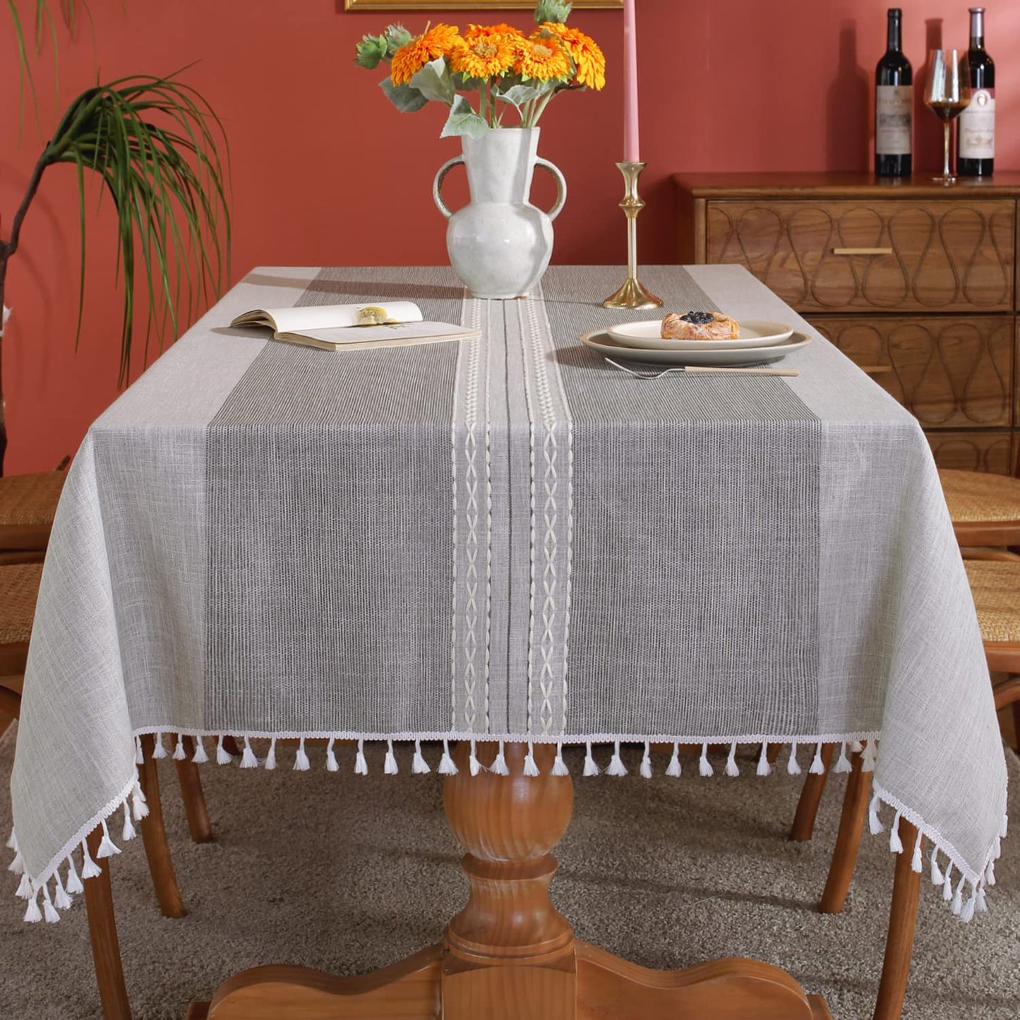 Laolitou Rustic Tablecloth Cotton Linen Waterproof Farmhouse Tablecloth Burlap Table Cloths for Kitchen Dining Cloth Table Cloth for Rectangle Tables Coffee Lines Rectangle,55''x70'',4-6 Seats
