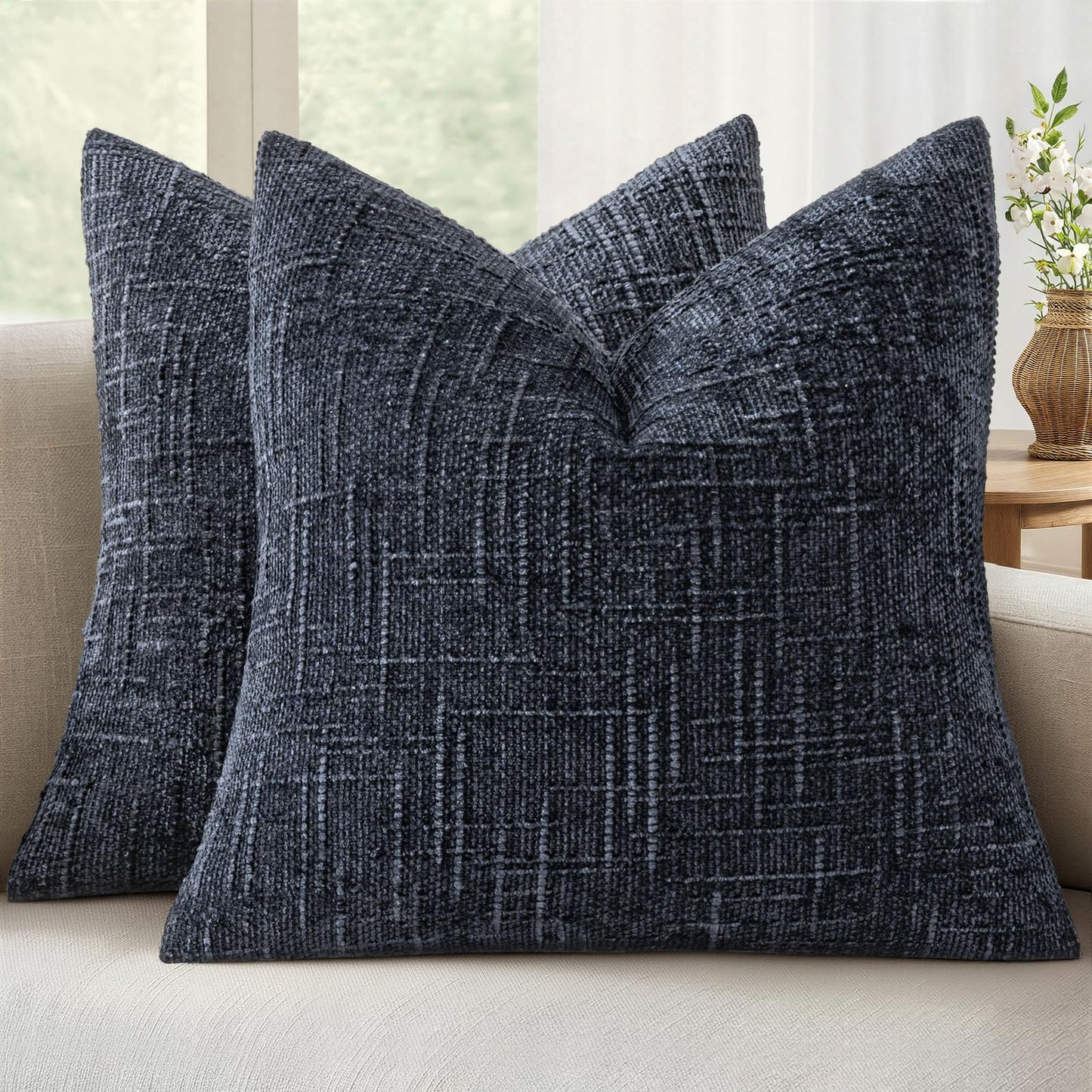 MIULEE Chenille Textured Throw Pillow Covers Cream White 18x18 Set of 2 | Slubby Decorative Pillows, Boho Farmhouse Home Decor, Modern Neutral Cushion Covers for Couch Sofa Bed Living Room
