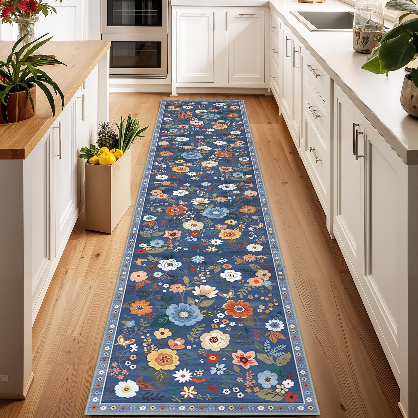 RELEANY Floral Washable 5x7 Area Rugs Black | Flower Carpet, Print, Boho, Non-Slip, Easy to Clean, Soft, Low Pile for Living Room Bedroom Kitchen Office Entryway Hallway