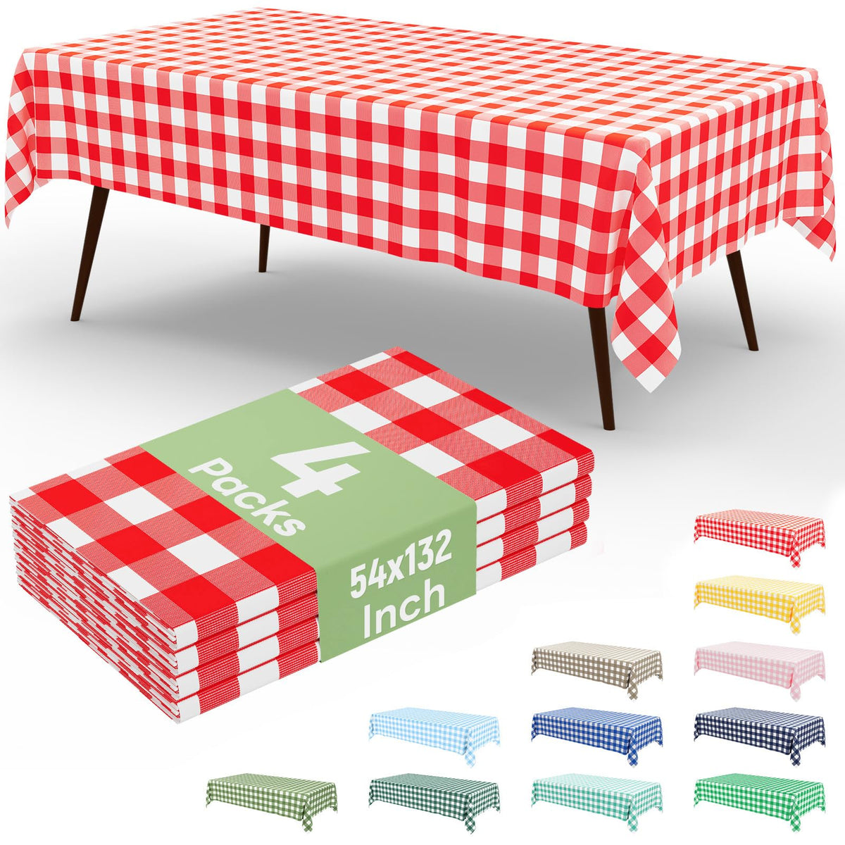 4 Packs Buffalo Disposable Table Cloth, 54 x 108 Inch Waterproof Plastic Tablecloth, Rectangle Red and White Checkered Table Covers for Picnic, Birthday, Party, Back to School