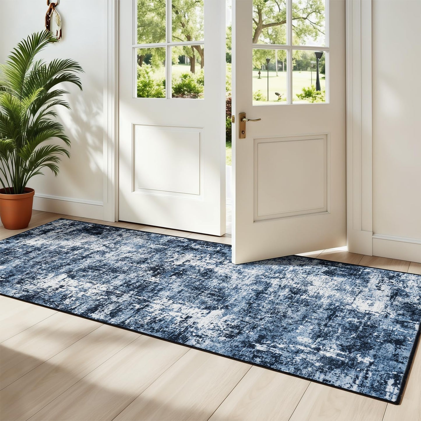 Rugflix 8x10 Area Rugs for Living Room, Washable Large Rug Stain-Resistant Low Pile, Modern Dark Carpet for Dining Room Home Office Kid Room Nursery Bedroom, Navy Blue/Black