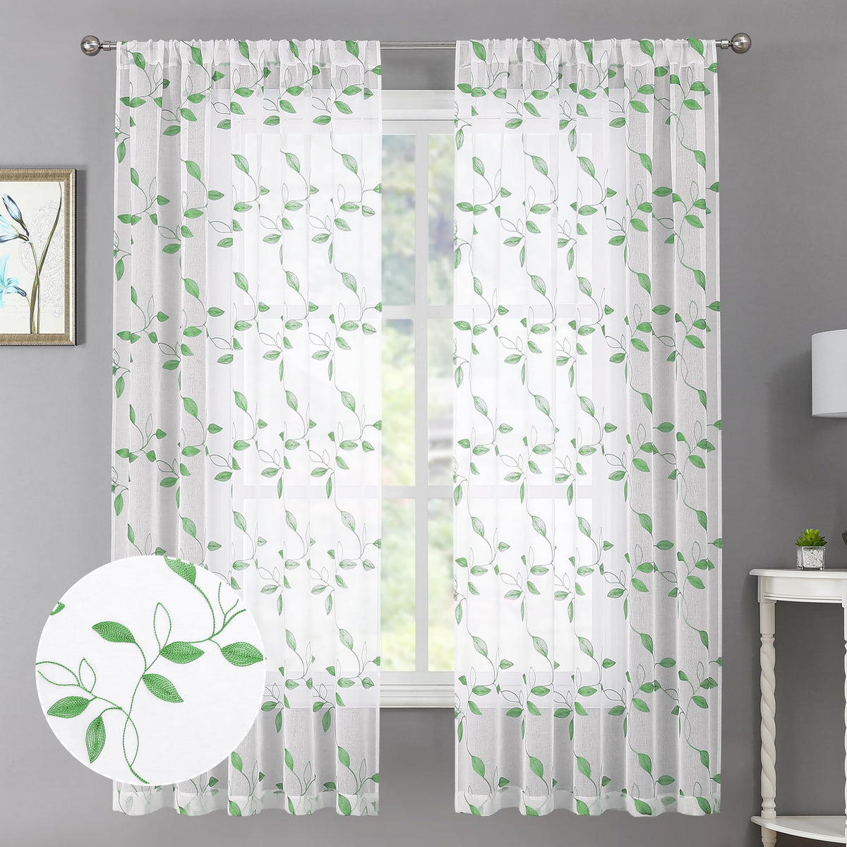 Tollpiz White Leaf Sheer Curtains Bedroom 54 x 84 Inches | Leaves Embroidered Curtain Rod Pocket Voile Window Treatment for Living Room, Set of 2 Panels