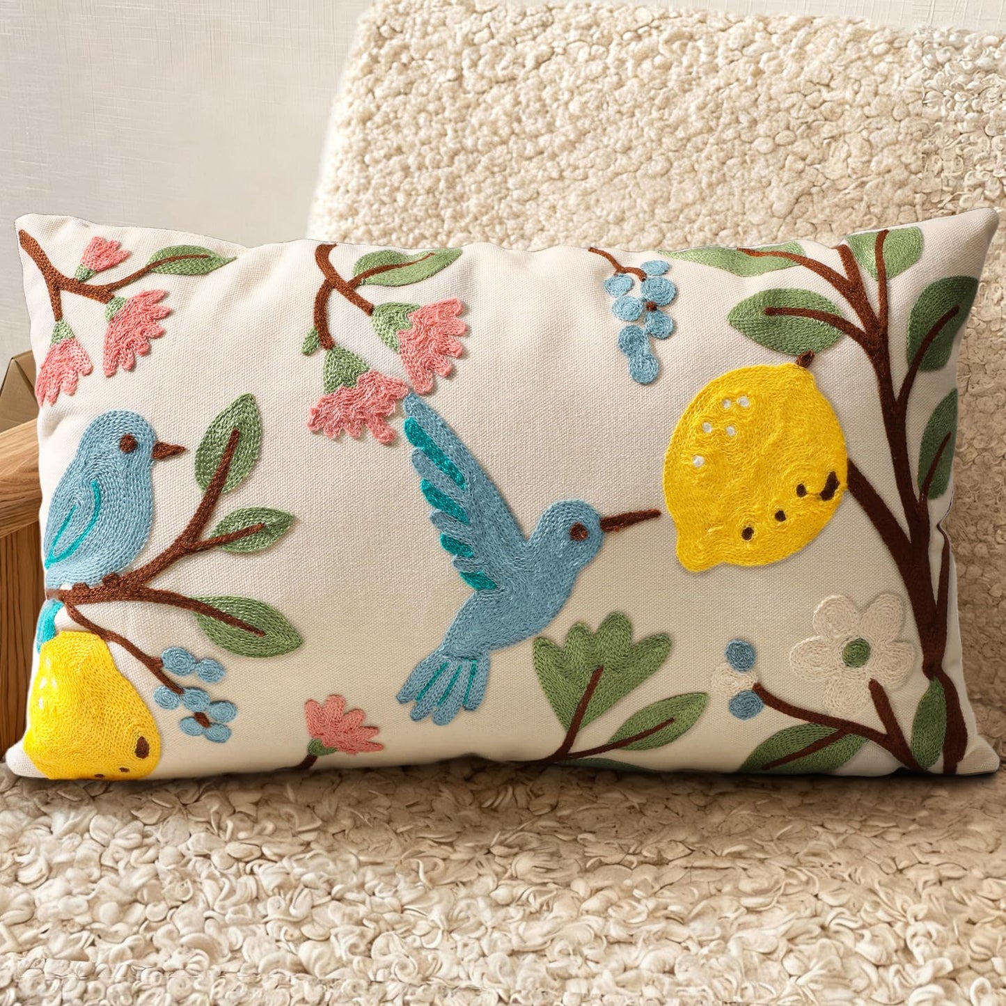 Embroidered Throw Pillow Cover 18x18 Inch, Flower Cluster | Decorative Pillow Cover, Floral Farmhouse Cushion Case with Hidden Zipper, Home Decor for Couch, Sofa, Living Room, Bedroom