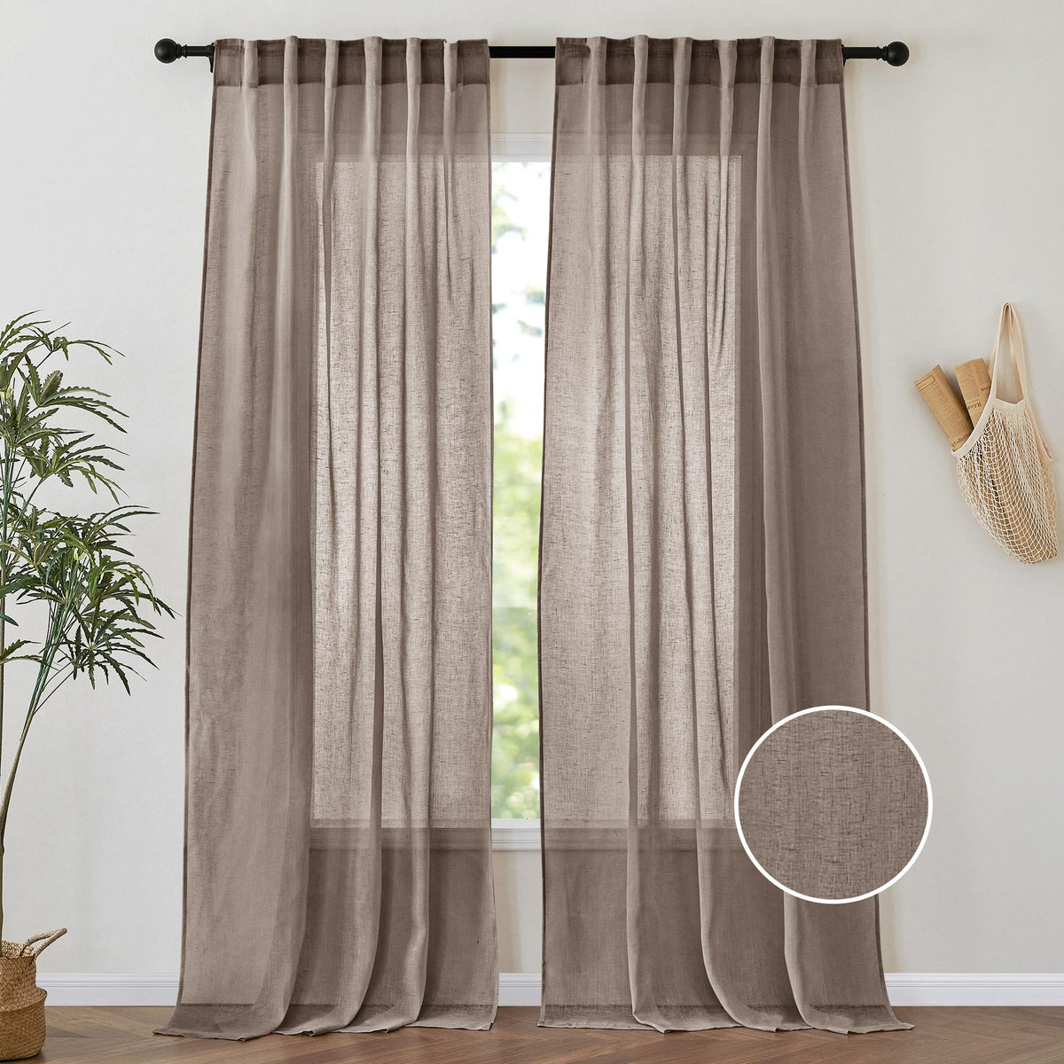 PONY DANCE White Sheer Curtains 96 inches Long, 2 Panels | Floor to Ceiling Curtains Living Room Window Treatments Natural Linen Blended Sheer Drapes for Bedroom, 52 Wide x 96 Long