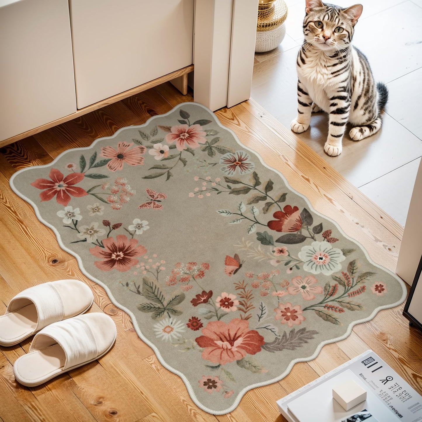 Lahome Floral Rugs for Living Room, 5x7 Area Rugs Ultra-Thin Soft Washable Rug, Non-Slip Bedroom Rug Stain Resistant Boho Flore Carpet for ‎Dining Room Office (5x7ft,Black/Grey)