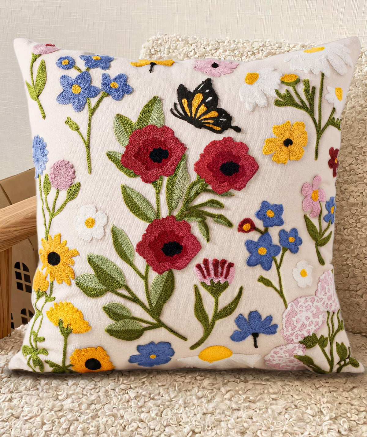 Embroidered Throw Pillow Cover 18x18 Inch, Flower Cluster | Decorative Pillow Cover, Floral Farmhouse Cushion Case with Hidden Zipper, Home Decor for Couch, Sofa, Living Room, Bedroom
