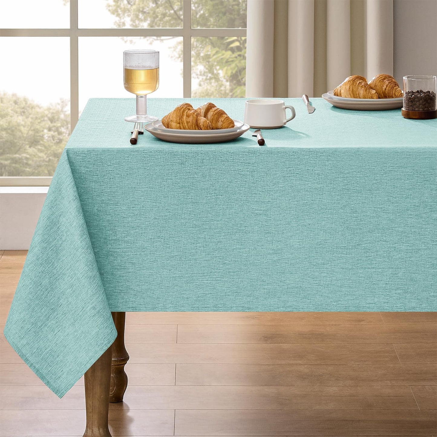 Decorelia Faux Linen Round Tablecloths 60 inch, Waterproof Decorative Washable Texture Rustic Circle Table Cloth Cover for Dining Kitchen Party Farmhouse Outdoor(Round (2-4 Seats),Sage Green)