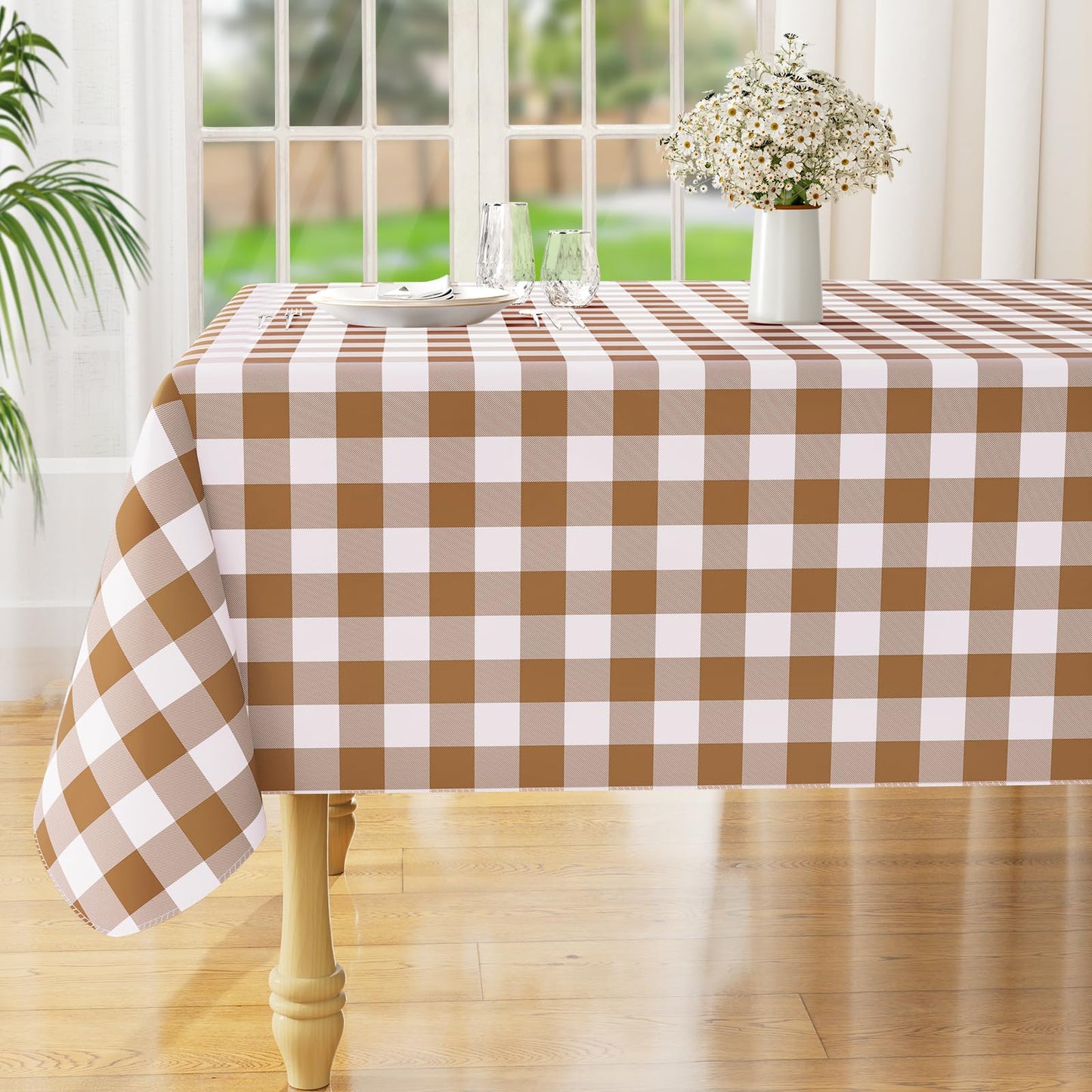 Rectangle Waterproof Vinyl Table Cloth, Buffalo Flannel Backed Tablecloth, Wipeable Plastic Table Cover for Dinner, Kitchen, Outdoor (60" x 84", Black and White)