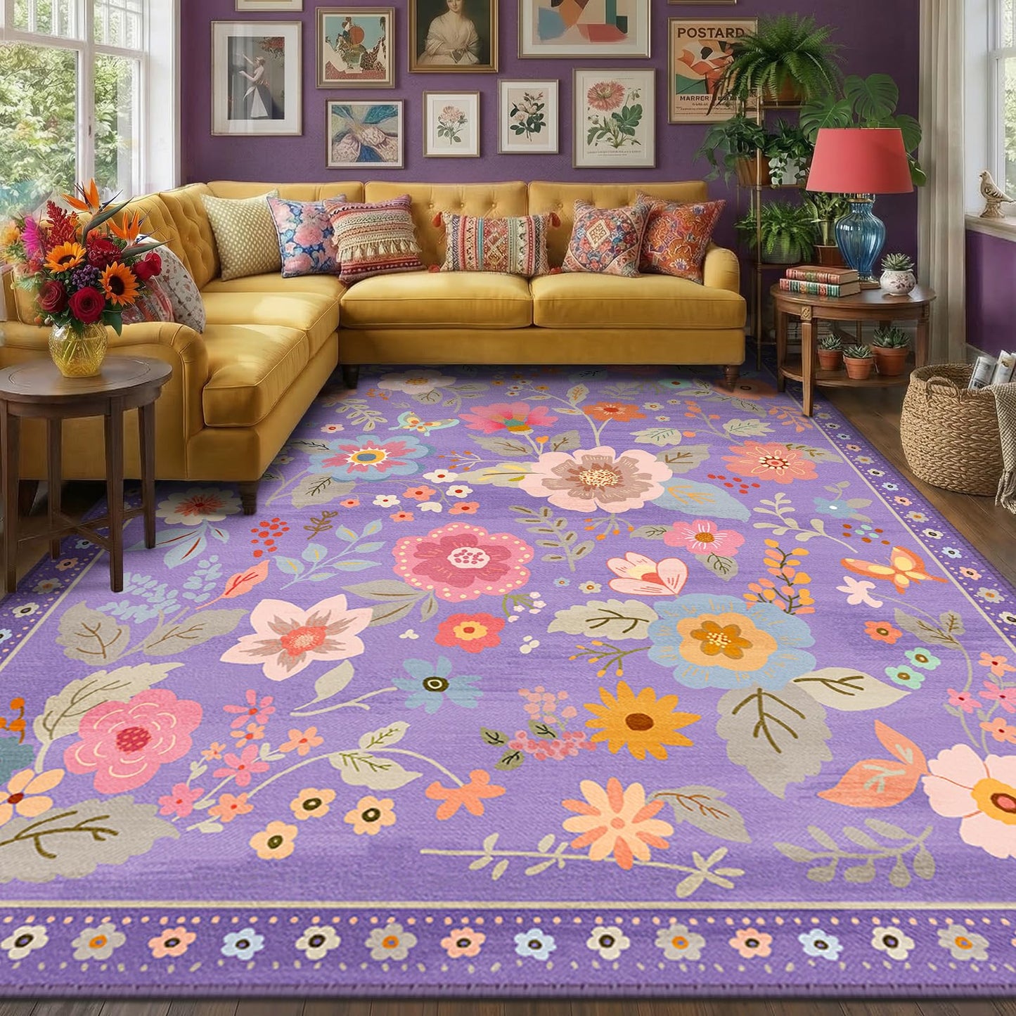 RELEANY Floral Washable 5x7 Area Rugs Beige/White/Orange | Flower Carpet, Print, Boho, Non-Slip, Easy to Clean, Soft, Low Pile for Living Room Bedroom Kitchen Office Entryway Hallway