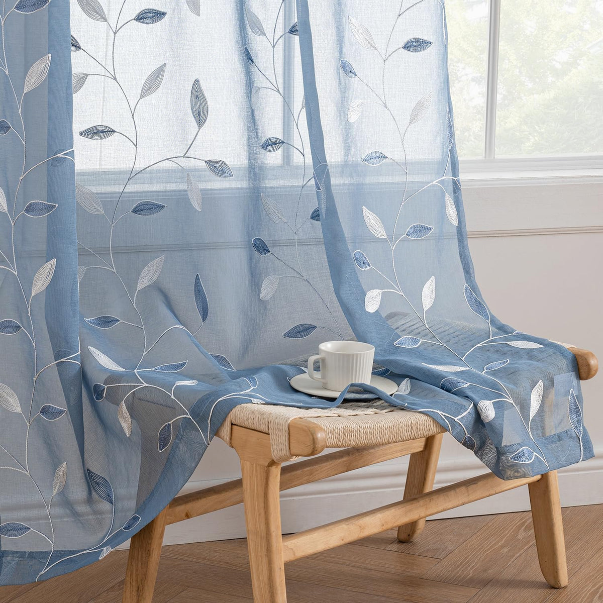 MIULEE Sage Green Sheer Curtains 2 Panels Leaf Patterned, W52 x L84 | Embroidered Floral Semi Sheer,Rod Pocket,Faux Linen,Short Window Curtains Drapes Set for Kitchen/Bathroom/Cafe
