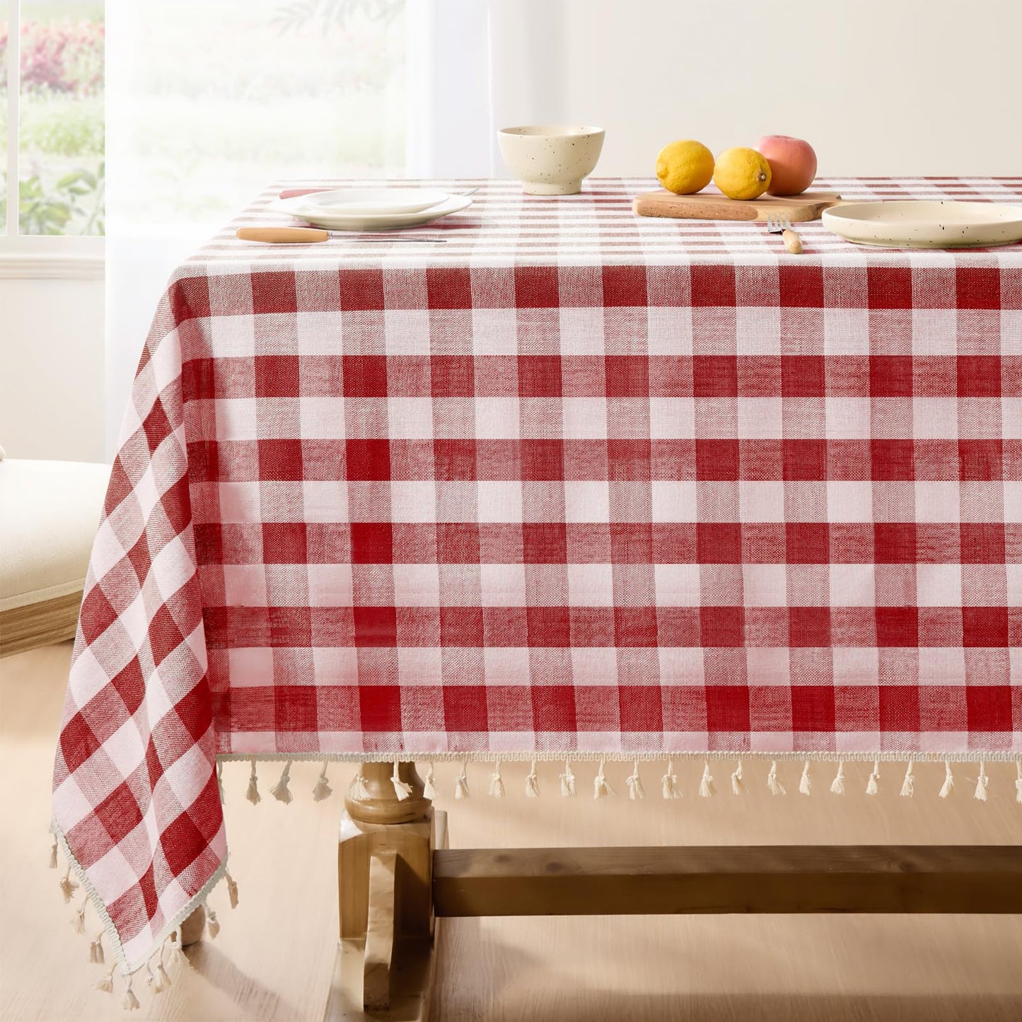 Softalker Outdoor Checkered Tablecloth, Linen Cotton Gingham Table Cloths for 6 Foot Rectangle Tables with Tassel, Heavy Duty Wrinkle Free Plaid Table Cover for Picnic Camping - 55 x 84 Inch, Sage