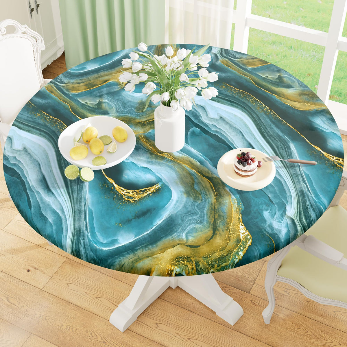 Round Fitted Tablecloth with Elastic Edge, 100% Waterproof Oil Proof Plastic Table Cover, Vinyl Flannel Backed Tablecloth Fits 36"-44" Round Tables for Dinner, Outdoor, Picnic, Oak Wooden Grain