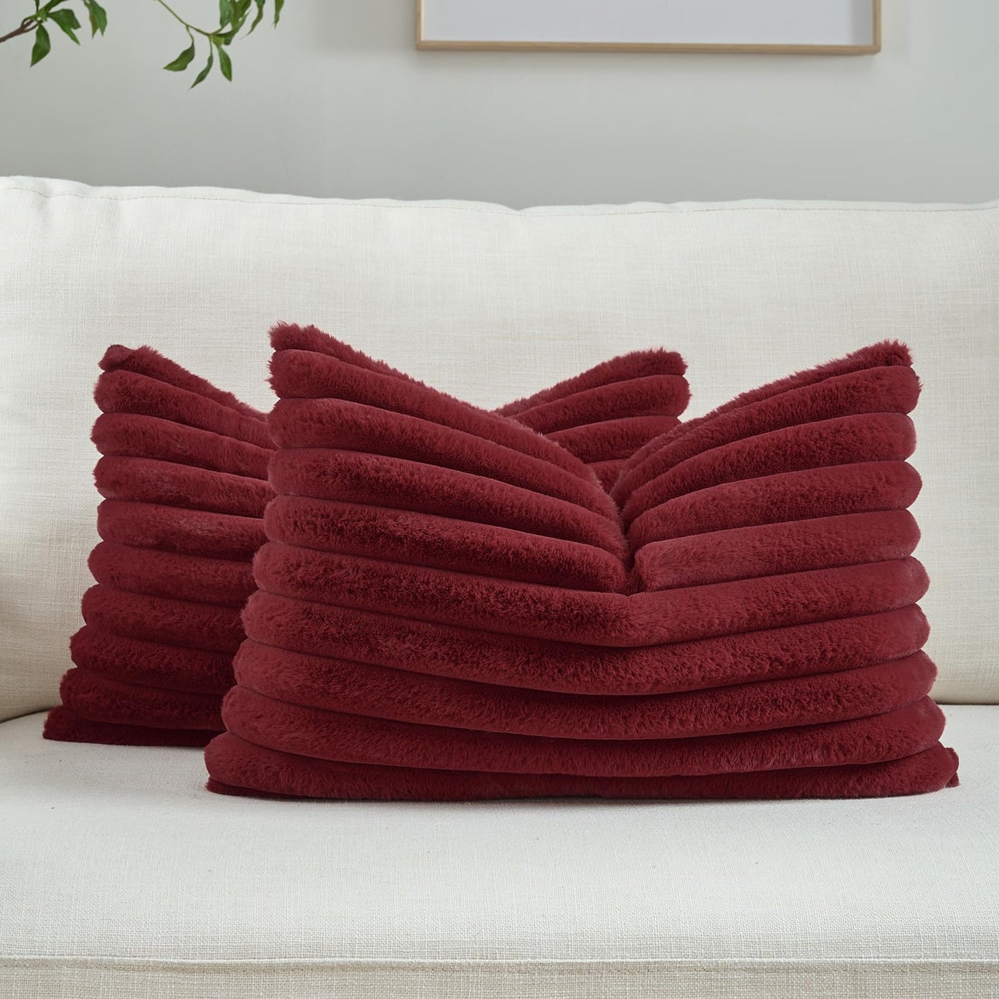 FUTEI Pack of 2 Faux Fur Throw Pillow Covers 18x18 Inch, Cream White | Fluffy Faux Rabbit Fur Front/Premium Velvet Back,Hidden Zipper,Machine Washable,Non-Shedding,Colorfast,Insert Not Included.
