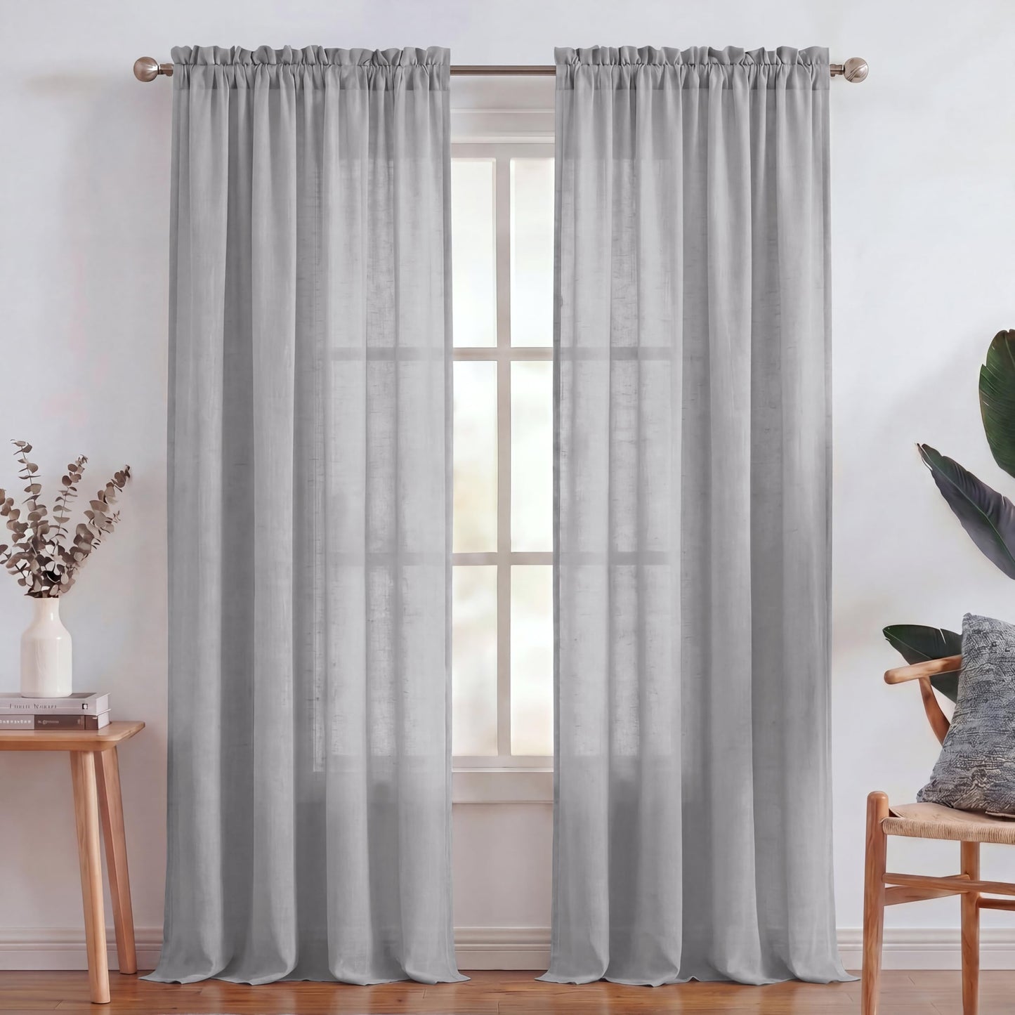 Turquoize White Linen Curtains 96 Inches Long Semi Sheer Curtains Light Filtering Linen Drapes for Living Room/Bedroom 2 Panels Set Rod Pocket Window Treatments Panels,W52 x L96, White