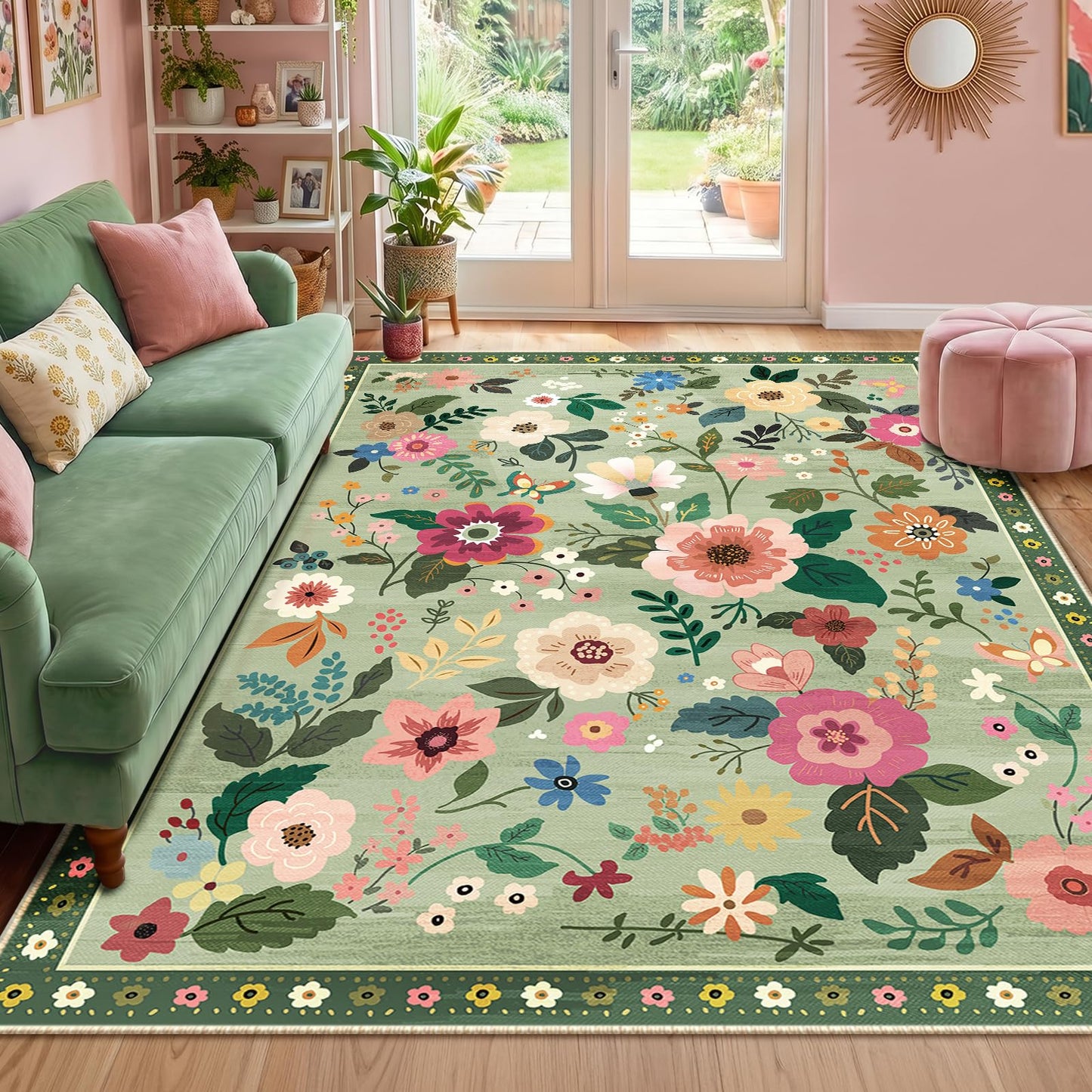 RELEANY Floral Washable 5x7 Area Rugs Beige/White/Orange | Flower Carpet, Print, Boho, Non-Slip, Easy to Clean, Soft, Low Pile for Living Room Bedroom Kitchen Office Entryway Hallway